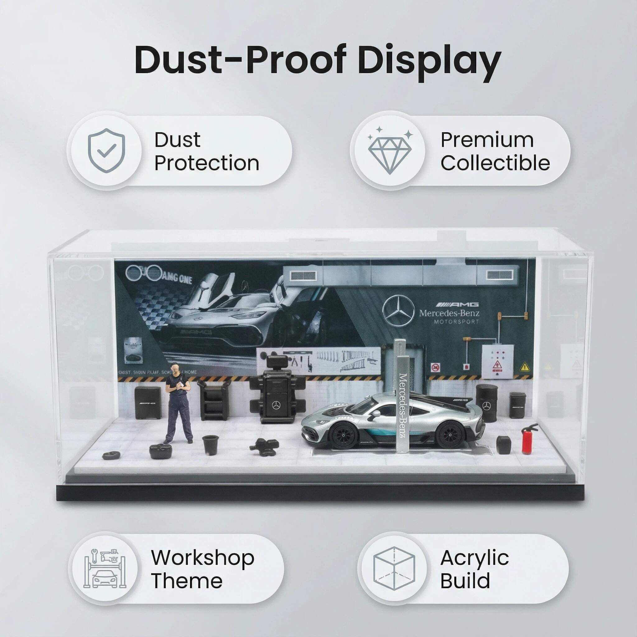 1:64 Scale Motorsport Workshop Diorama Display Case – Racing Garage Scene for Diecast Cars