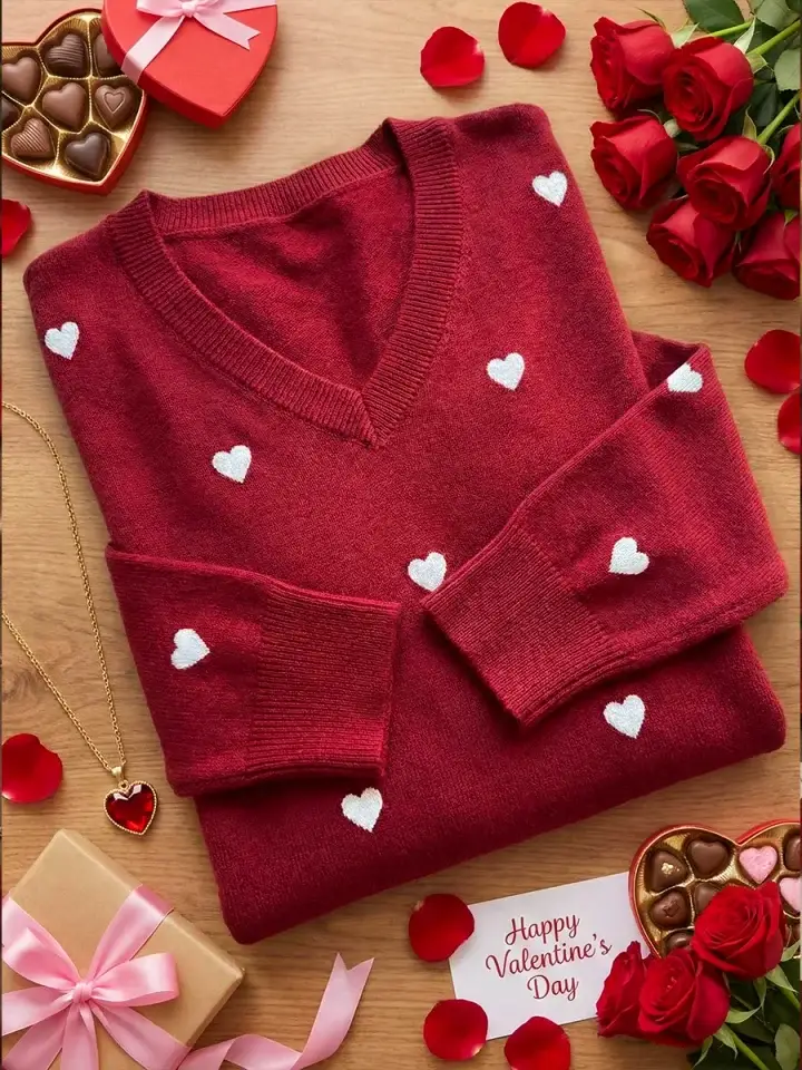 🔥Summer Arrivals🌟Women's Valentine's Day Heart Jacquard V-neck Long-sleeved Knit Sweater