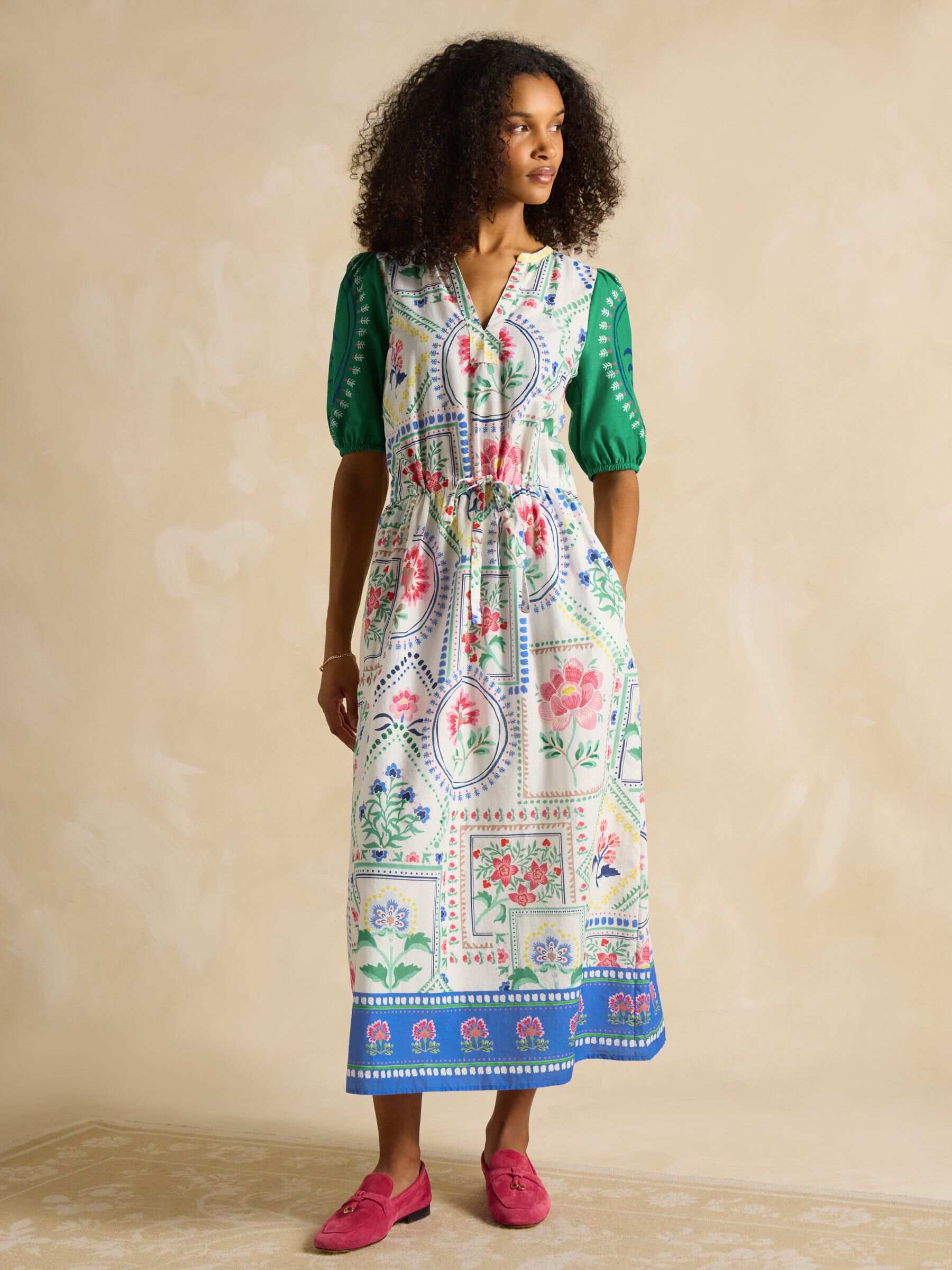Florence Cream Tile Print Cotton Midi Dress