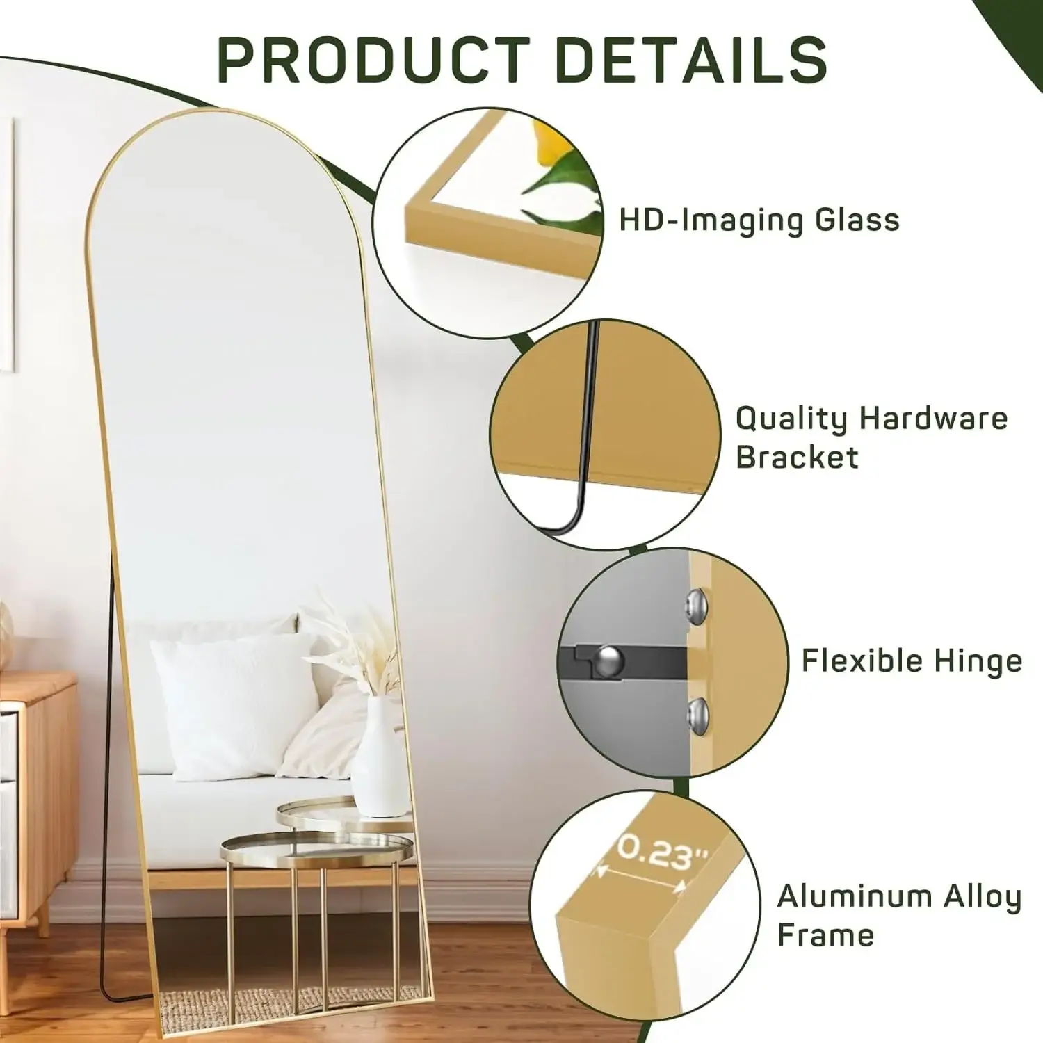 Full Length Mirror with Stand, Floor Mirror with Aluminum Alloy Frame for Bedroom, Standing Full Body Mirror for Wall, Cloakroom