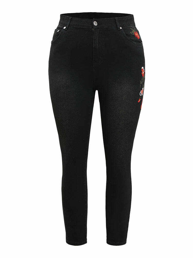 Very Stretchy High Rise Black Wash Floral Embroidered Jeans
