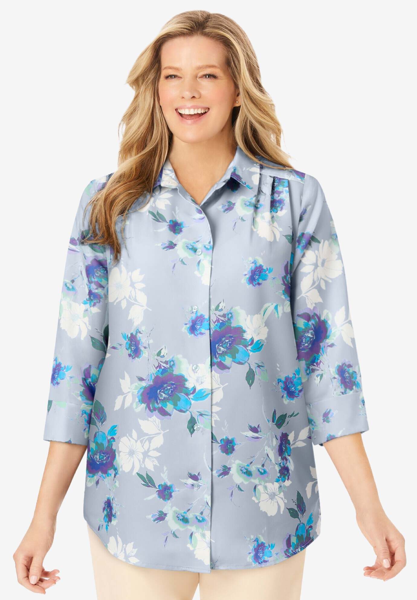 Three-Quarter Sleeve Peachskin Button Front Shirt