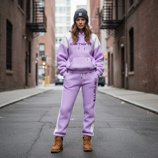 Purple Quilted Hoodie and Joggers Set for Winter Skiing