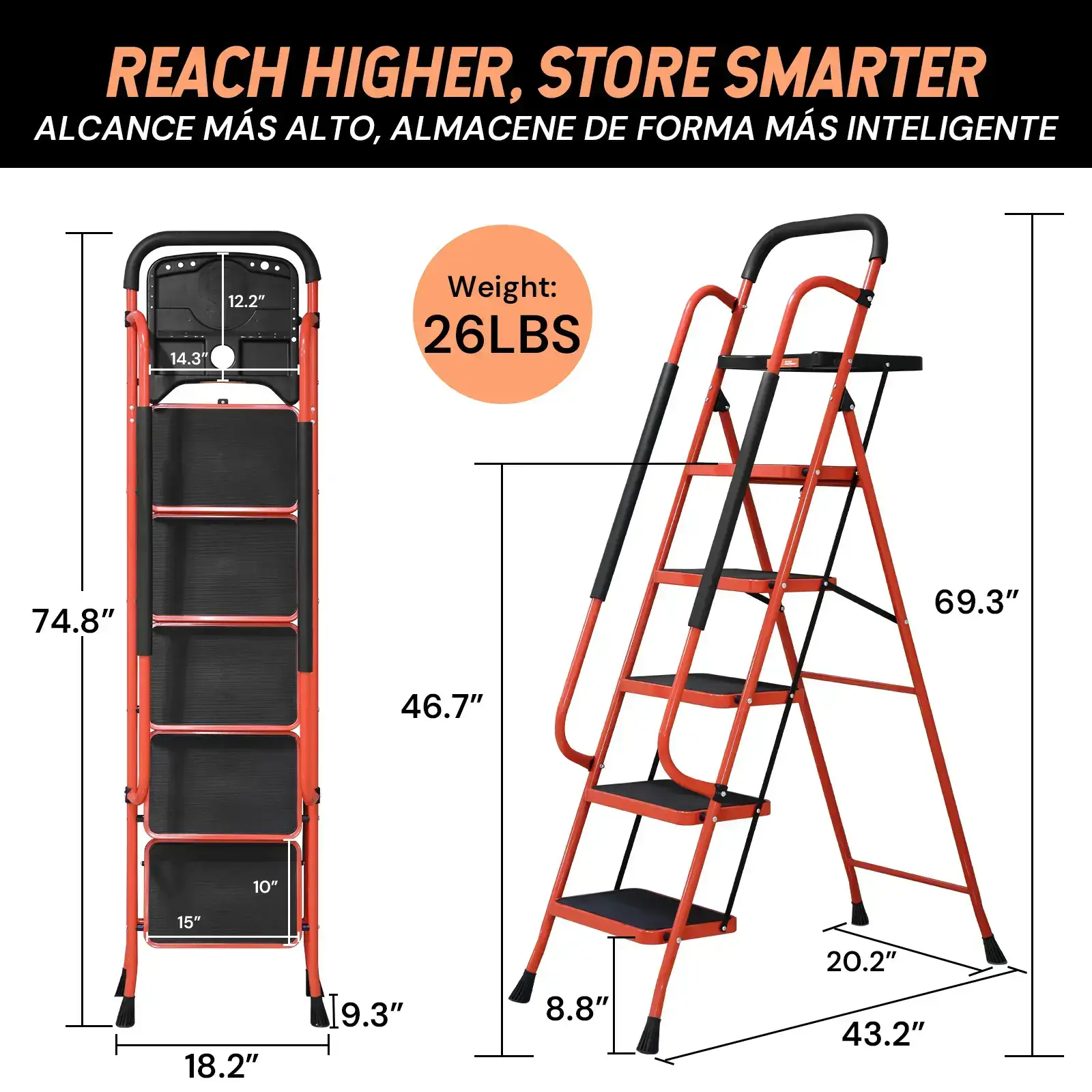 Sturdy Portable 5-Step Ladder, 800 LBS Capacity, Foldable with Handrail & Tool Tray, Ideal for Kitchen & DIY Projects, Sturdy Portable Ladder