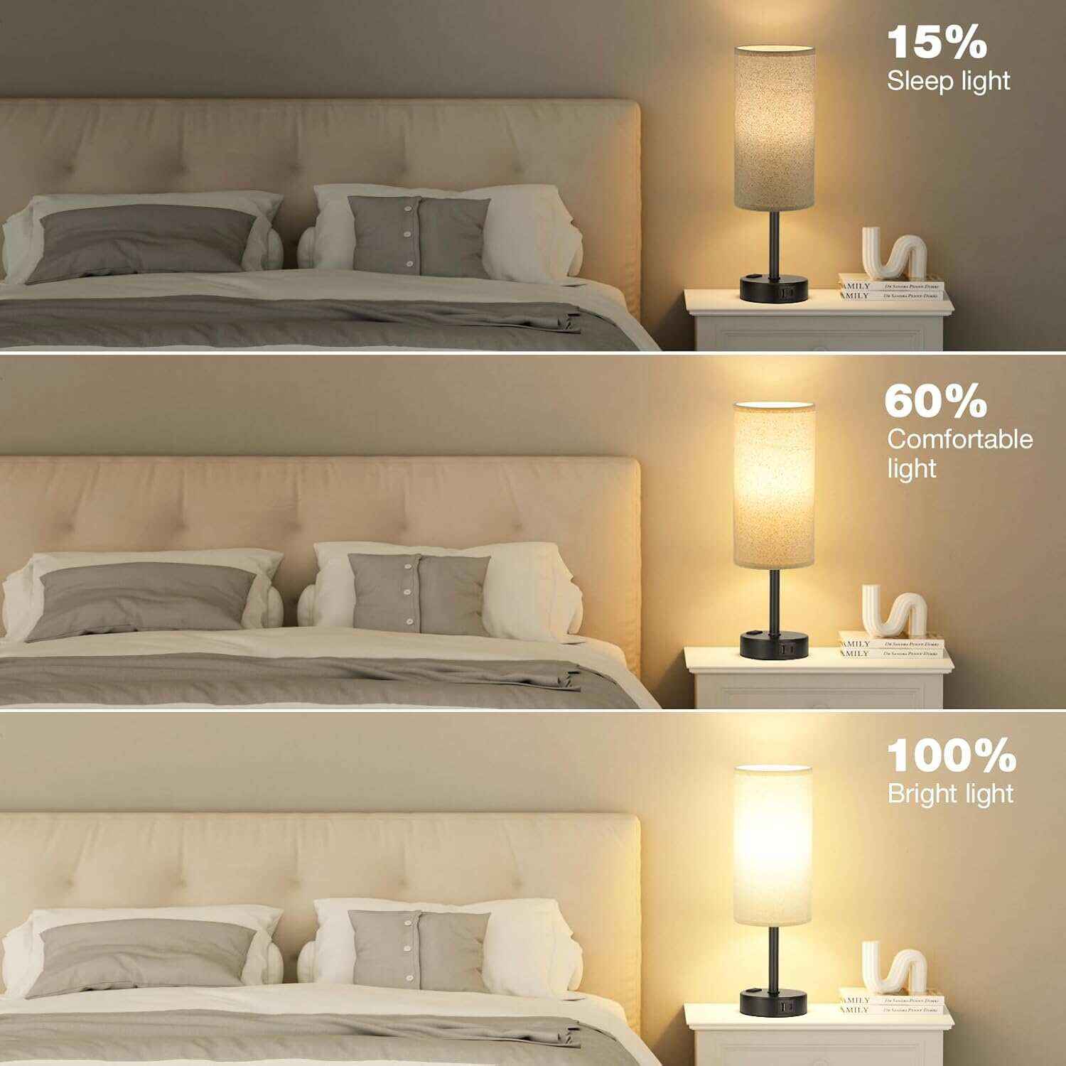 Bedside Table Lamp for Bedroom - 3 Way Dimmable Touch Lamp USB C Charging Ports and AC Outlet, Small Lamp Wood Base Round Flaxen Fabric Shade for Living Room, Desk, LED Bulb Included