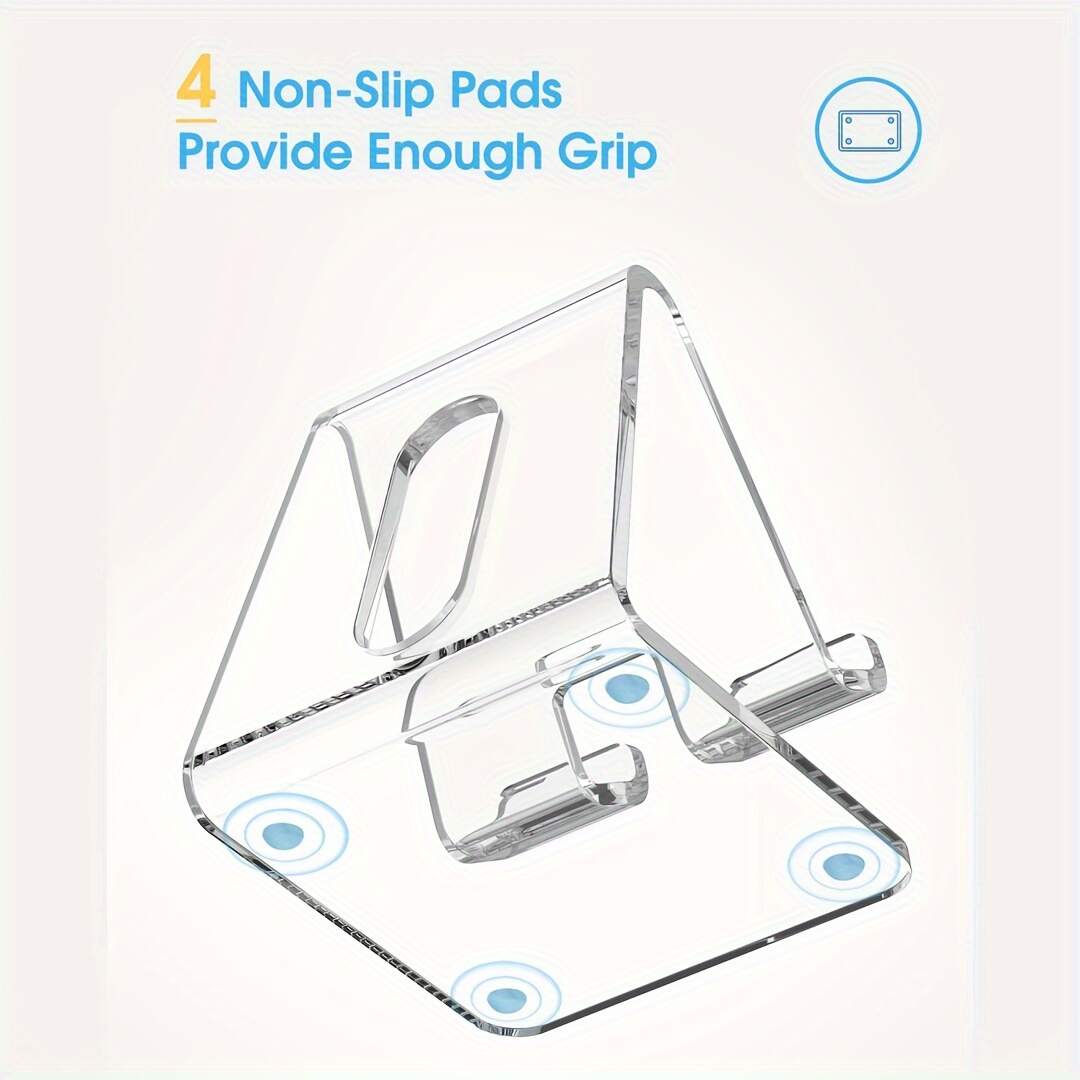 [Clear Phone Stand] Universal Clear Acrylic Phone Stand | ABS Material, Non-Slip Pads, Charging Hole, Ergonomic Design for All Smartphones 4-8 Inches - Office Desk Accessories