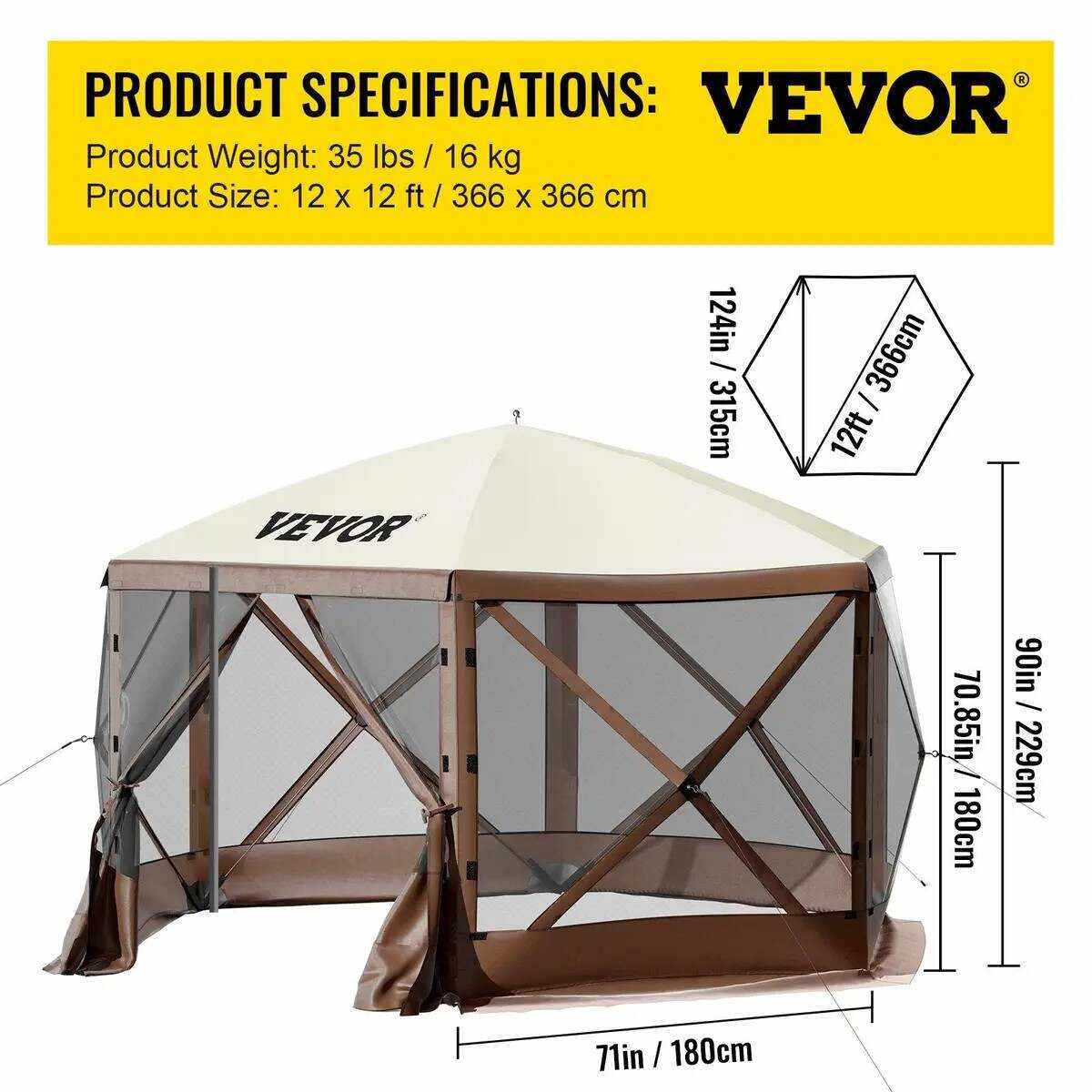 Camping Gazebo Screen Tent, 12*12ft, 6 Sided Pop-up Canopy Shelter Tent with Mesh Windows, Portable Carry Bag, Stakes, Large Shade Tents for Outdoor Camping, Lawn and Backyard, Brown/Beige