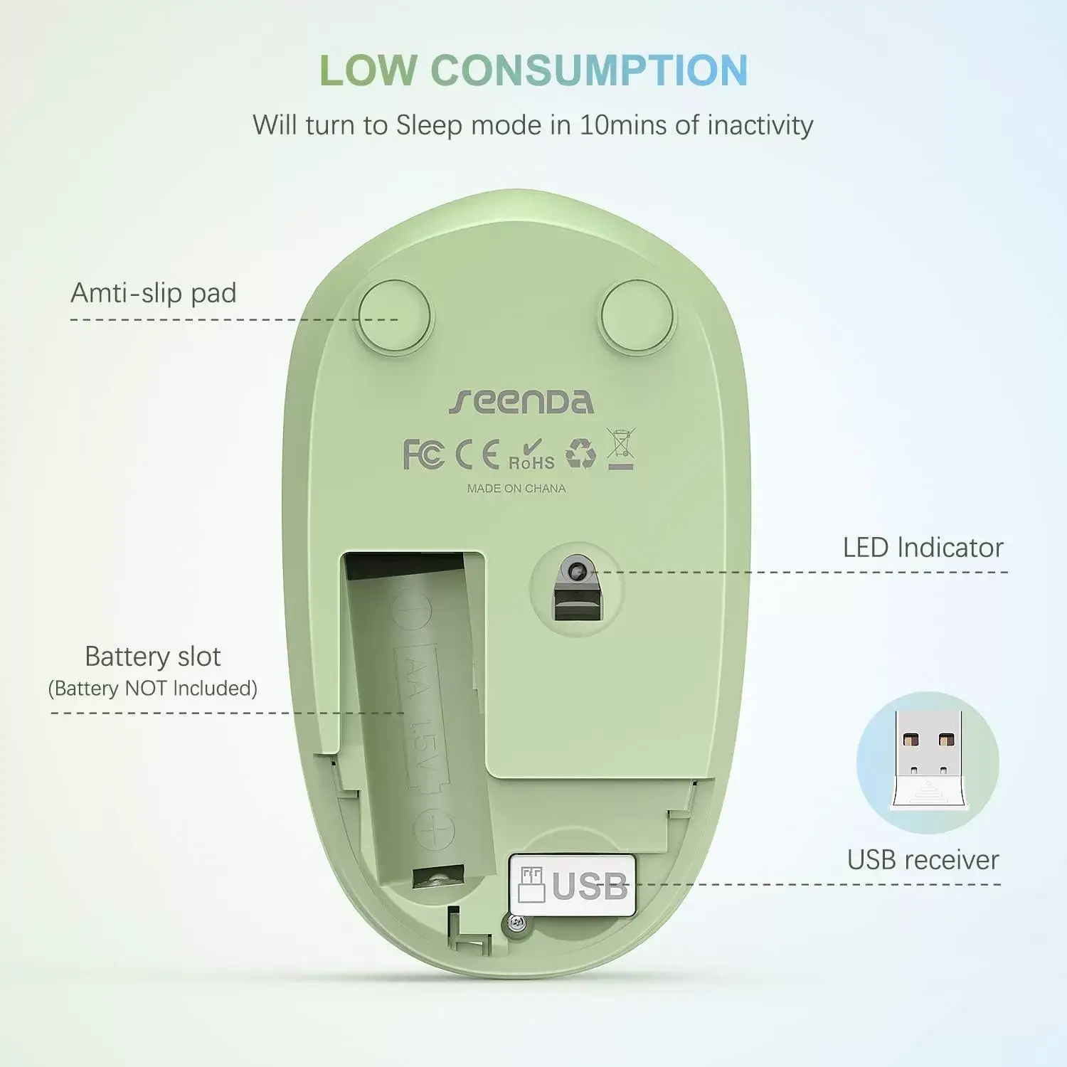 seenda Wireless Mouse, 2.4G Noiseless Mouse with USB Receiver - Portable Computer Mice for PC, Tablet, Laptop with Windows System - Mint Green