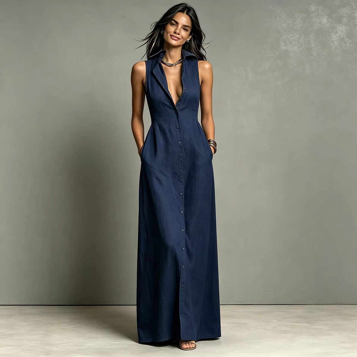 Women's Minimalist Linen-Blend Collared Single-Breasted Sleeveless Maxi Shirt Dress