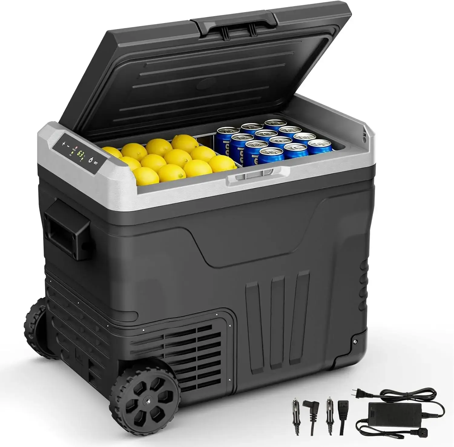 12V Portable Car Refrigerator, 23L/35L/50L Available, Dual DC 12V/24V & AC 110-240V Power Supply, Cooling Range -4°F to 68°F, Built-in Wheels & 2 Storage Baskets, Compact Fridge for RV, Truck, Travel & Boat