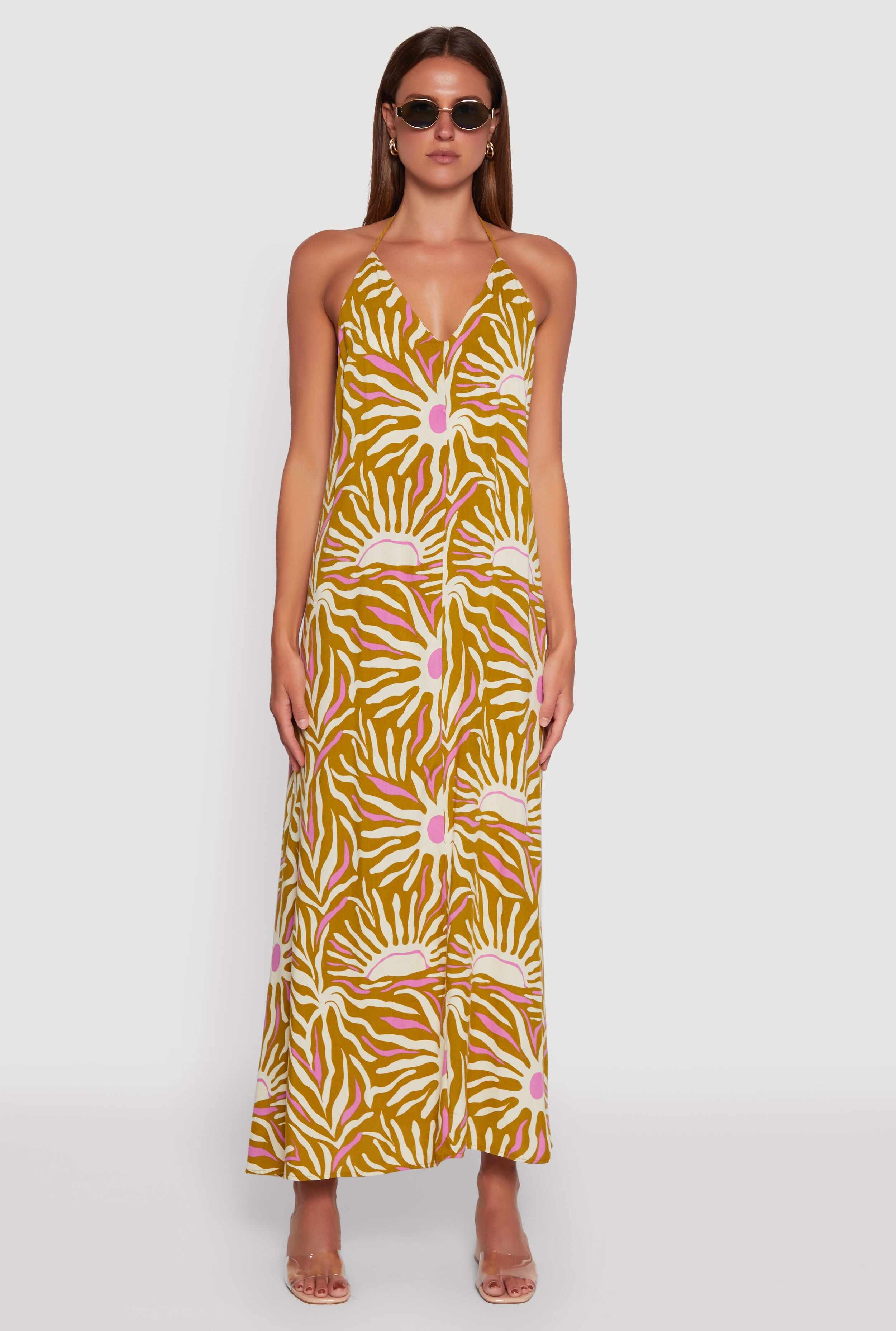Sun Print Caged Low Back Rope Halter Maxi Dress