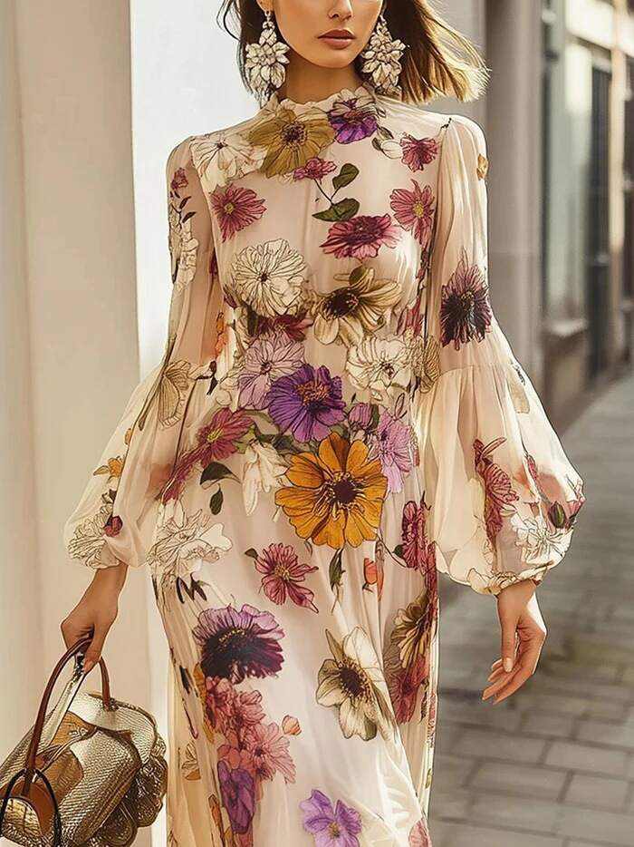Ruffled Floral-Print Tight-Waist Dress