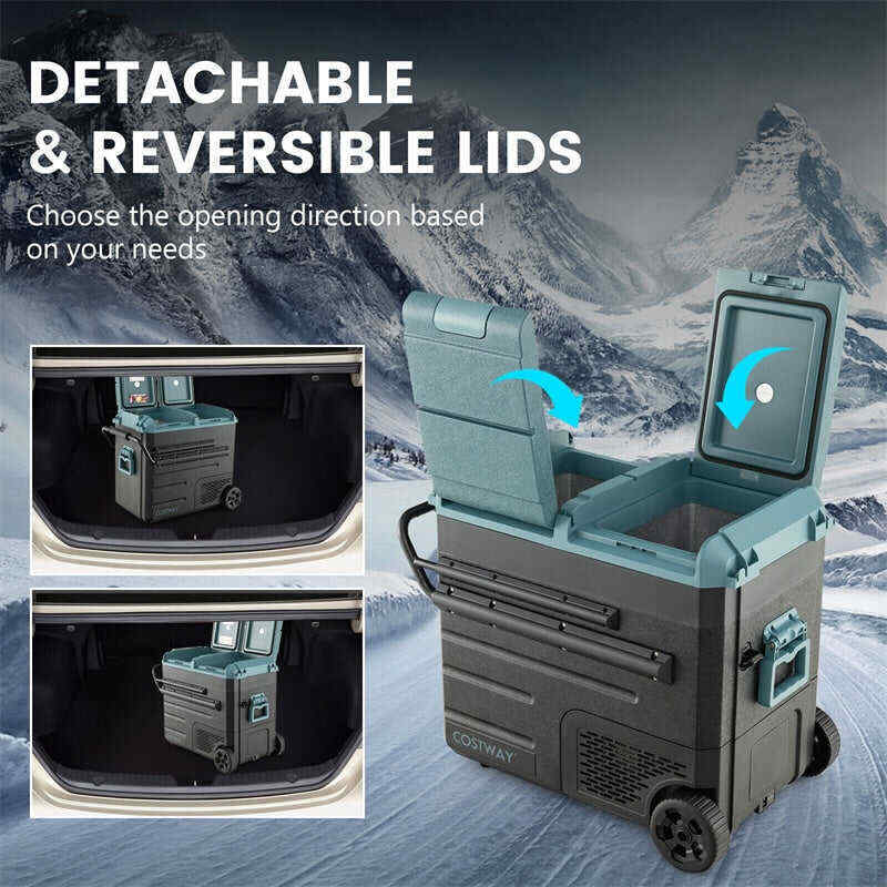 61 Quart Portable Car Refrigerator with Wheels 12/24V DC & 110-240V AC Dual-zone Electric Car Cooler Fridge for RV Camping Travel Home