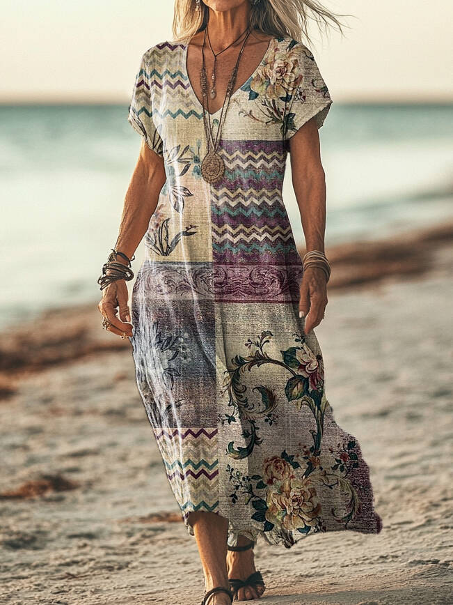 Women's Vintage Ethnic Floral Art Print Pocket Cotton Dress