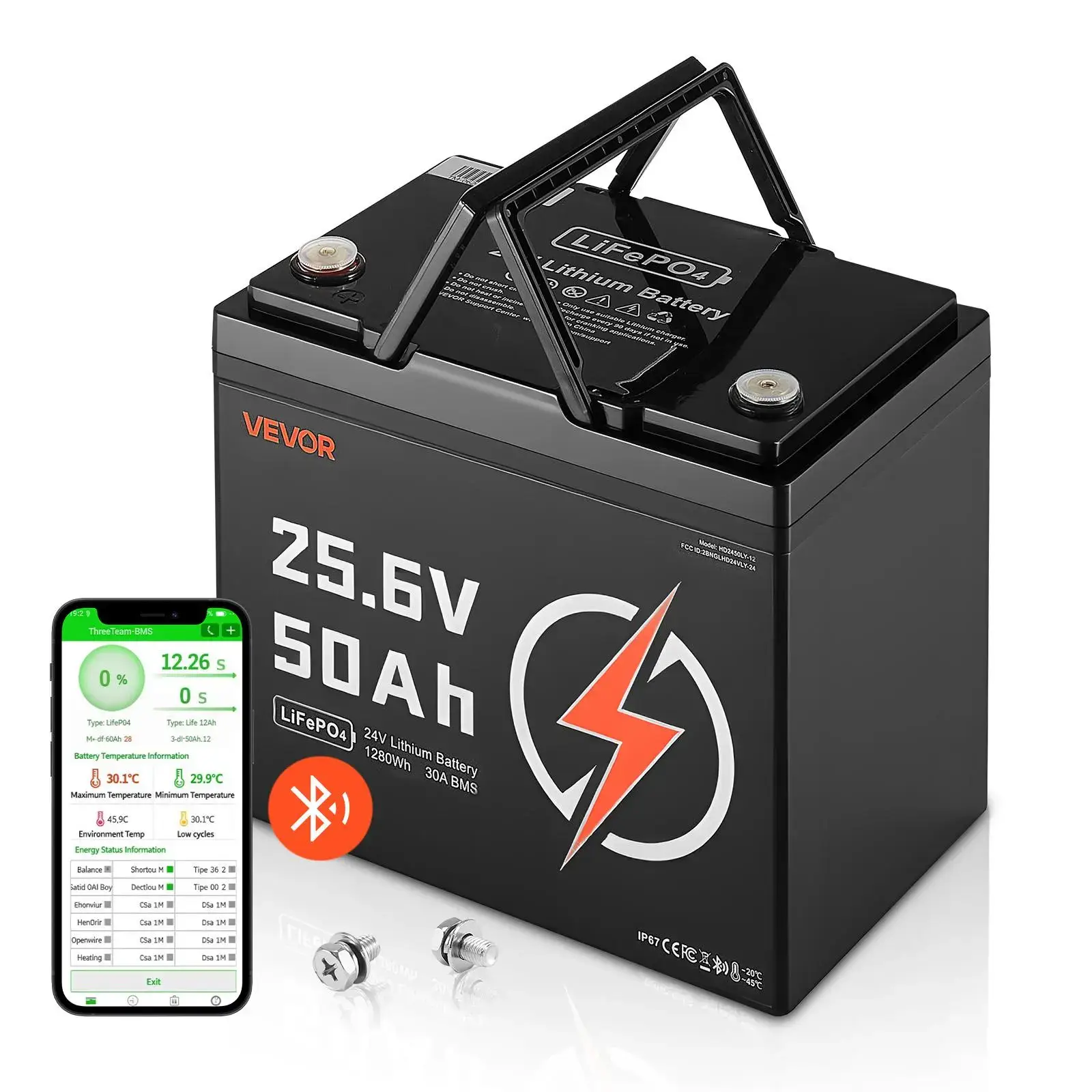 24V 50Ah LiFePO4 Lithium Battery, Bluetooth, Deep Cycle Lithium Rechargeable Battery, Built-in 30A BMS, Low Temp Protection, 4000+ Cycles, Max. 1280Wh, for RV, Camper, Trolling Motors, Marine