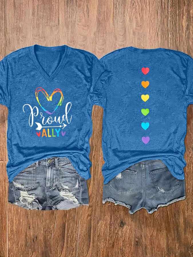 Women'S Proud Ally Rainbow Love Heart Print T-shirt