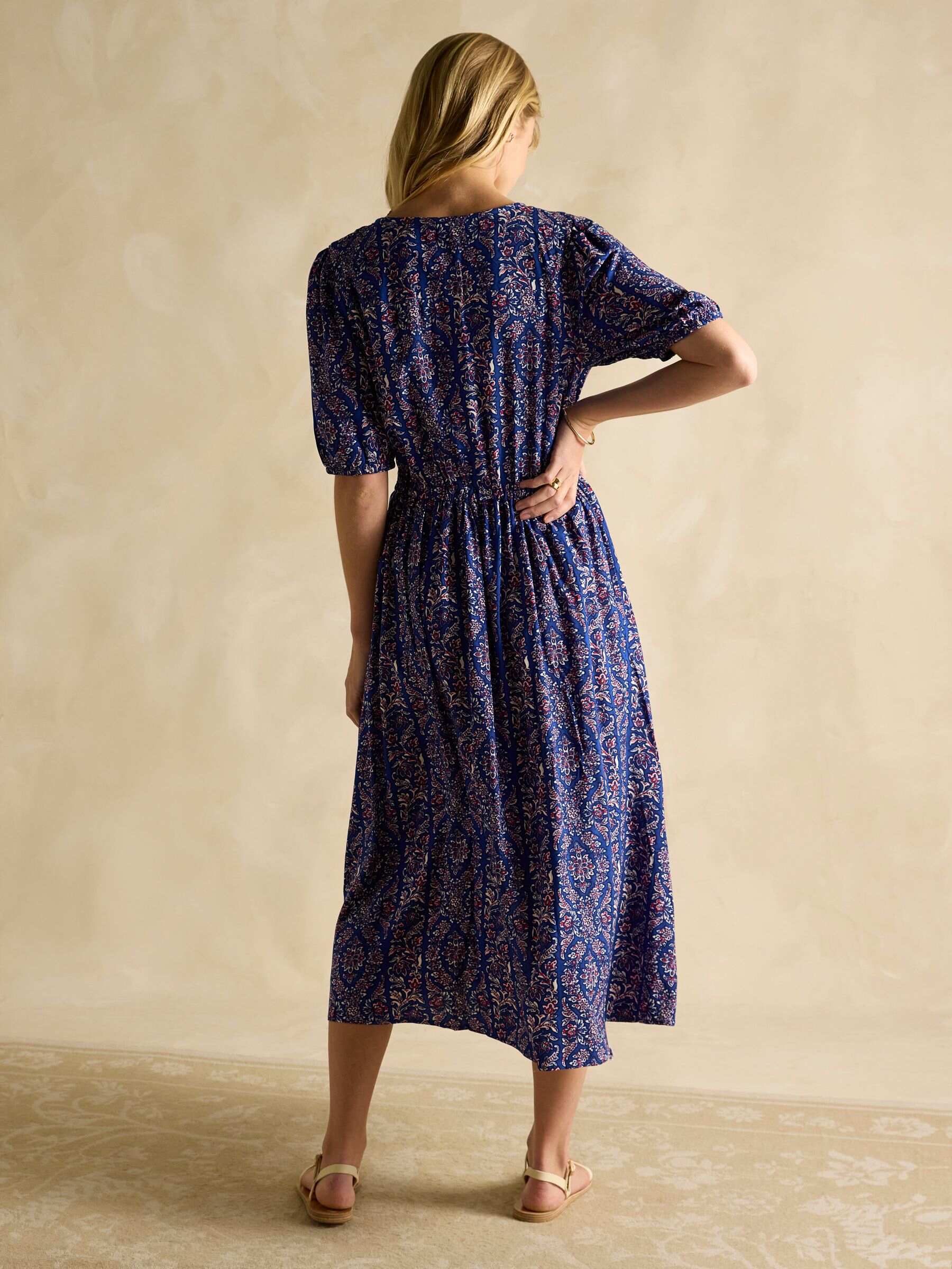 Adele Blue Crew Neck Elbow Length Sleeve Midi Dress