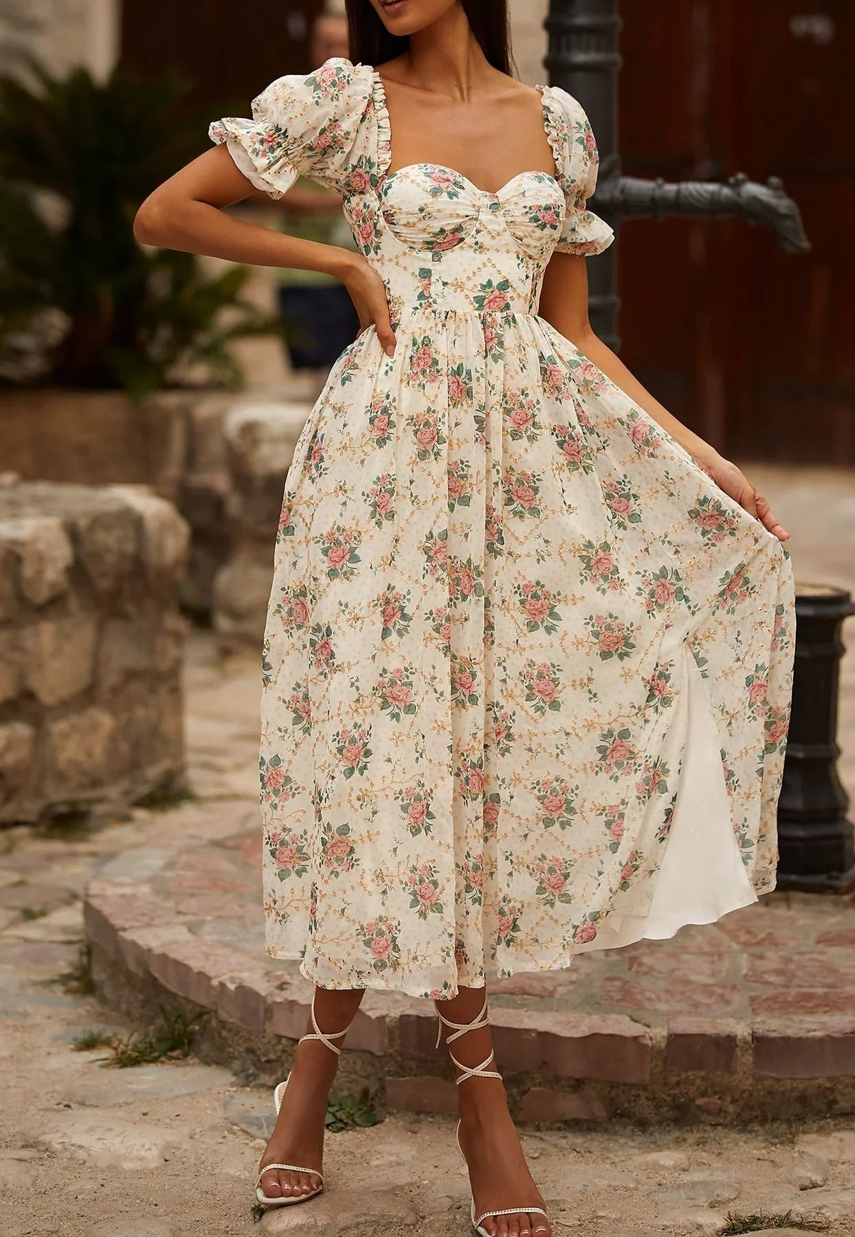 Floral Puff Sleeve Corset Backless Lace Up Slit Midi Dress