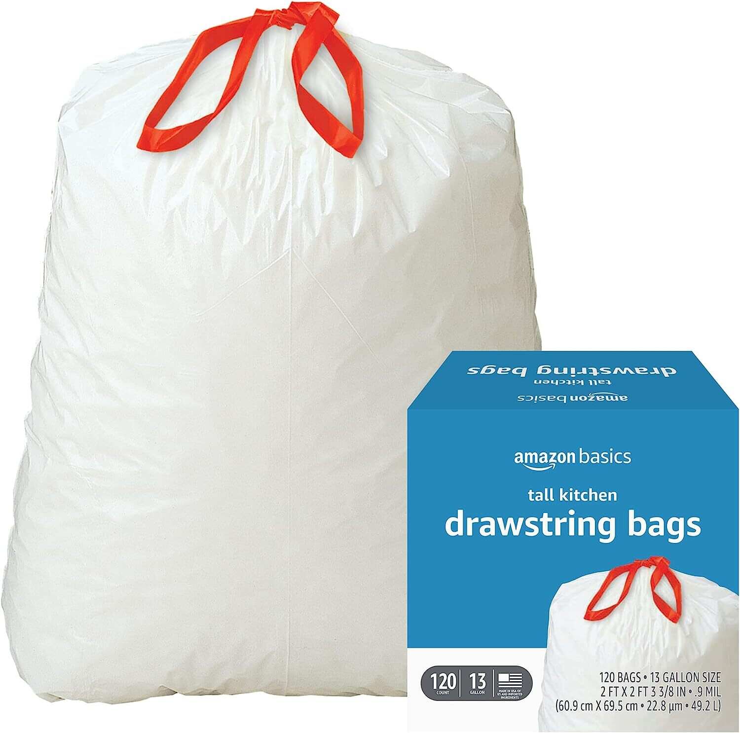 Tall Kitchen Drawstring Trash Bags, 13 Gallon, Unscented, 120 Count (Previously Solimo)