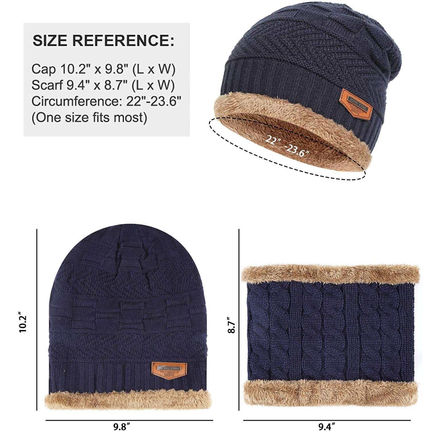 Mens Womens Winter Beanie Hat Scarf Set Warm Knit Hat Thick Fleece Lined Winter Cap