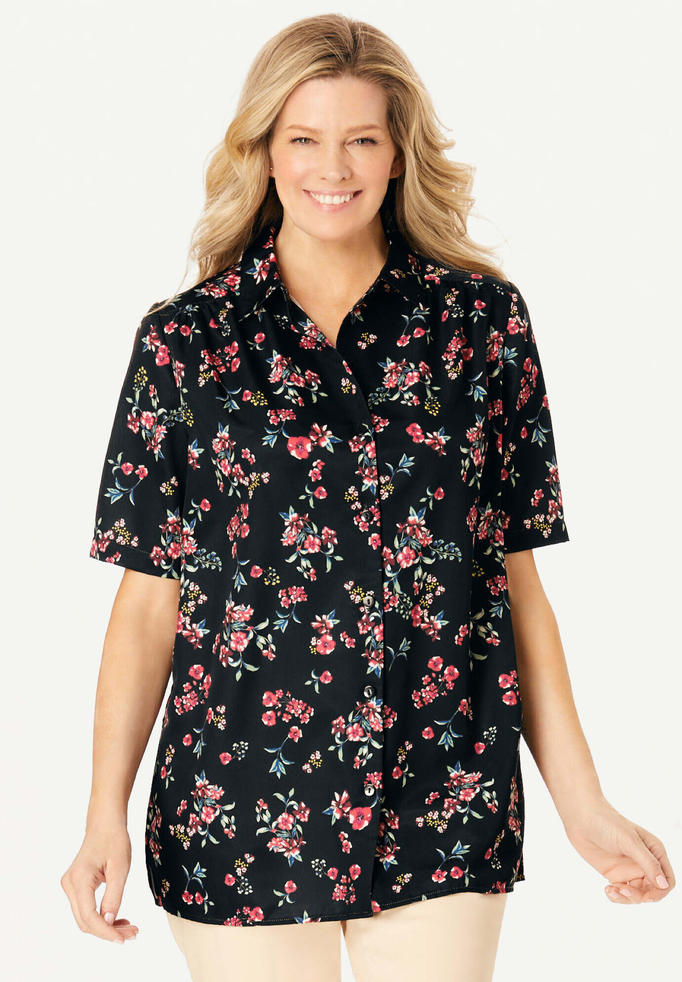 Short-Sleeve Peachskin Button-Front Shirt