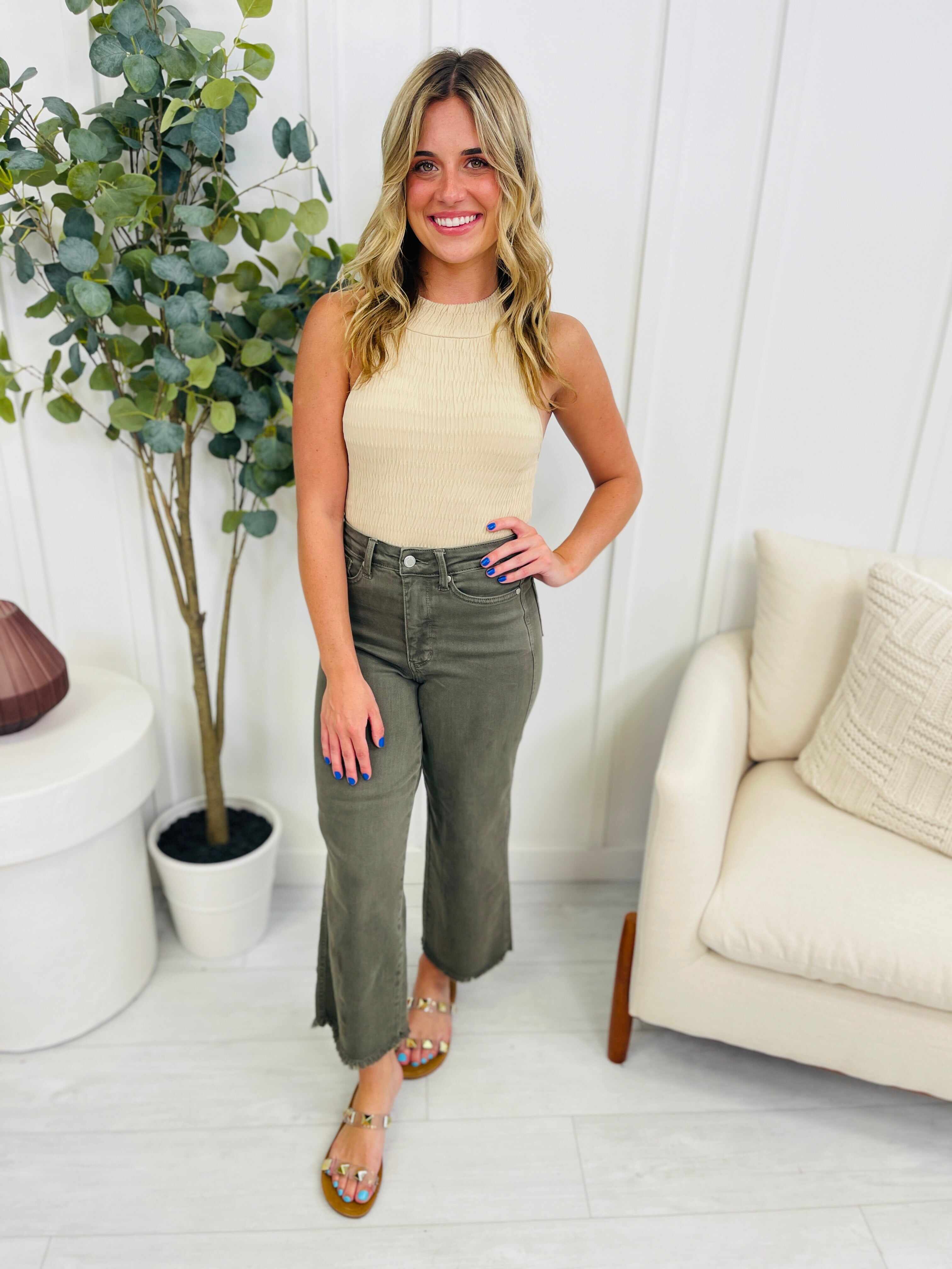 REG/CURVY Olive You Tummy Control Garment Dyed Wide Leg Cropped Jeans