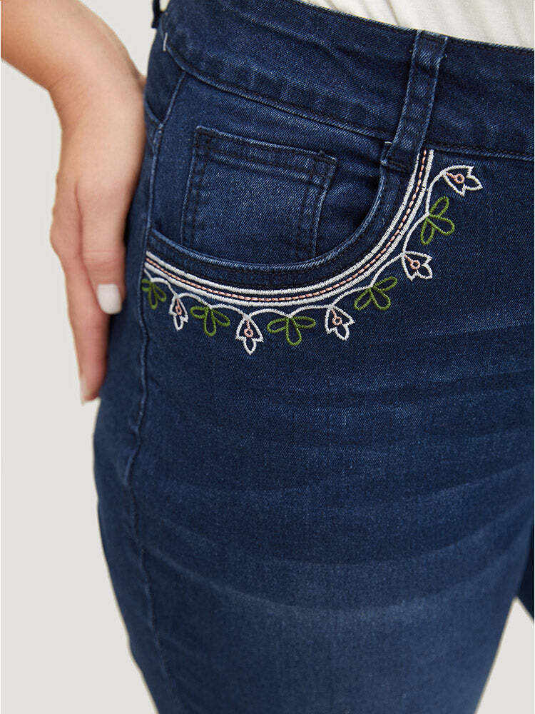 Straight Very Stretchy High Rise Dark Wash Embroidered Trim Jeans