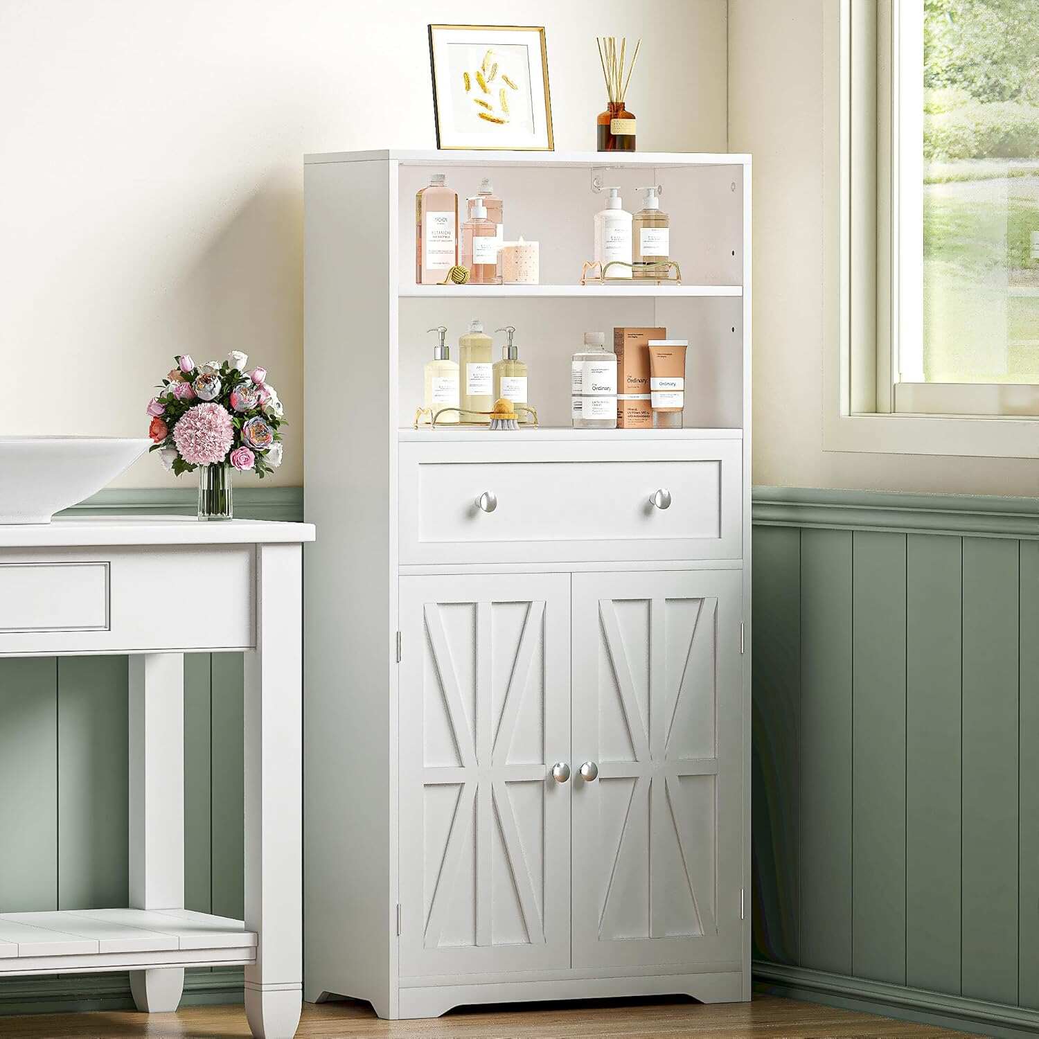 VECELO Bathroom Floor Cabinet, Freestanding Storage Cabinet with Drawer & Doors