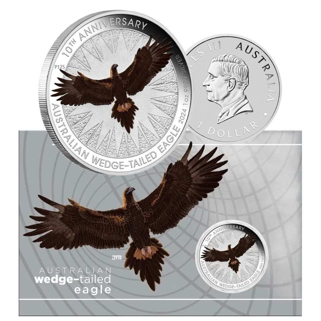 2024 Australia $1 1-oz Silver Wedge Tailed Eagle Colorized NGC MS70 First Releases w/Flag Label & Mercanti Signature