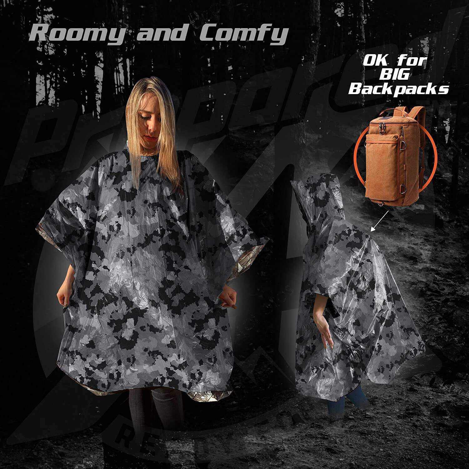 PREPARED4X Emergency Rain Poncho with Mylar Blanket Liner - Survival Blankets for Car - Heavy Duty, Waterproof Camping Gear, Tactical Prepper Supplies