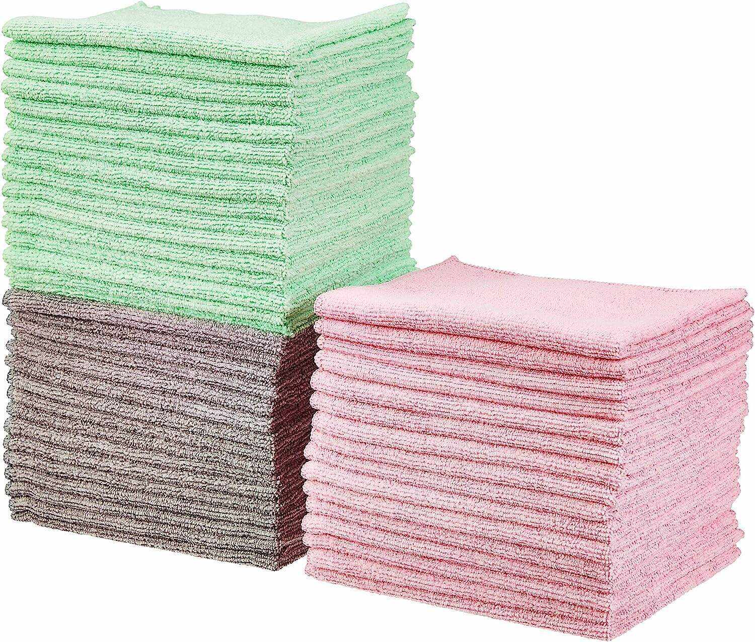 Basics Microfiber Cleaning Cloth, Non-Abrasive, Reusable and Washable, Pack of 48, Green/Gray/Pink, 16