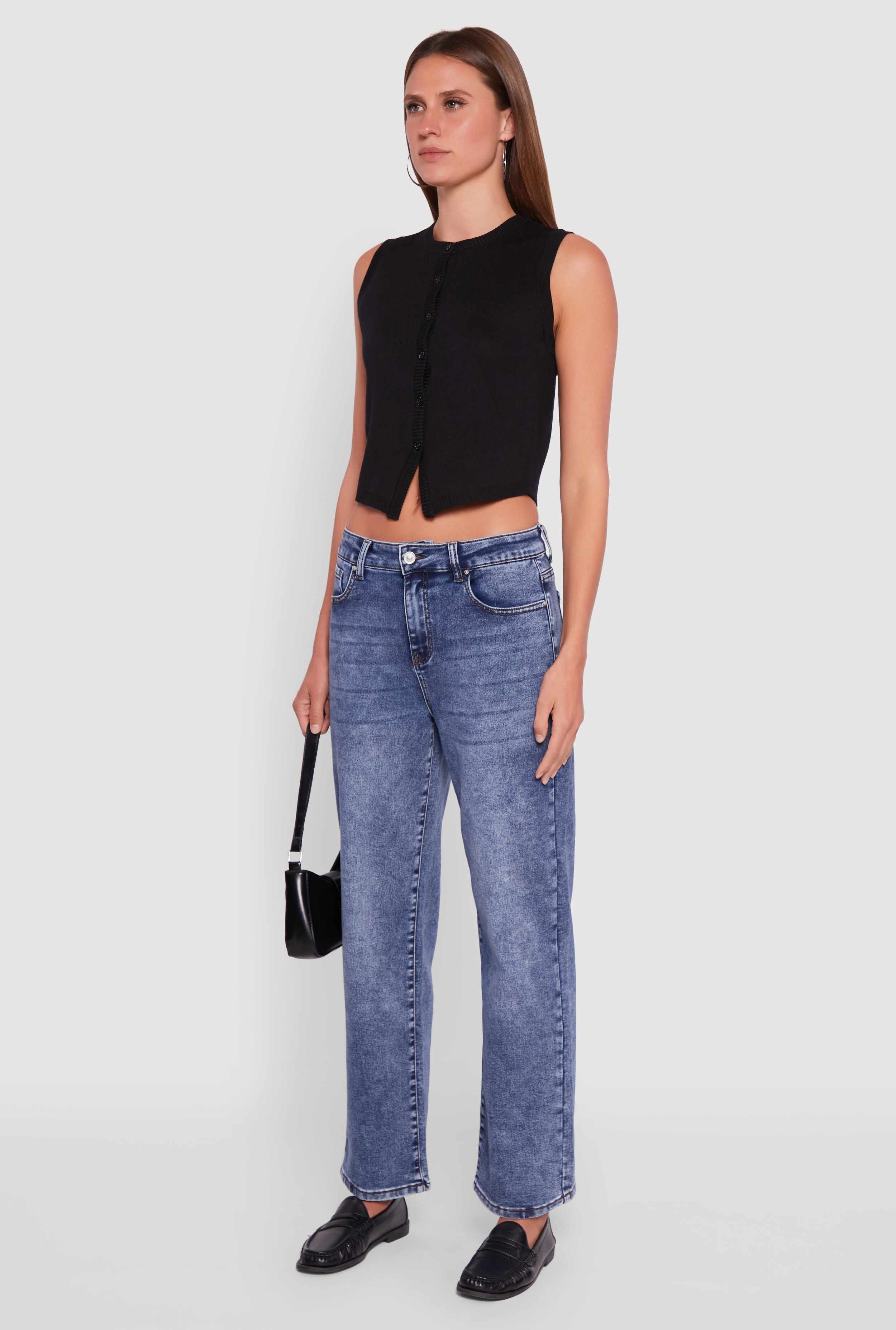 Acid Wash Mid Rise Straight Leg Jeans