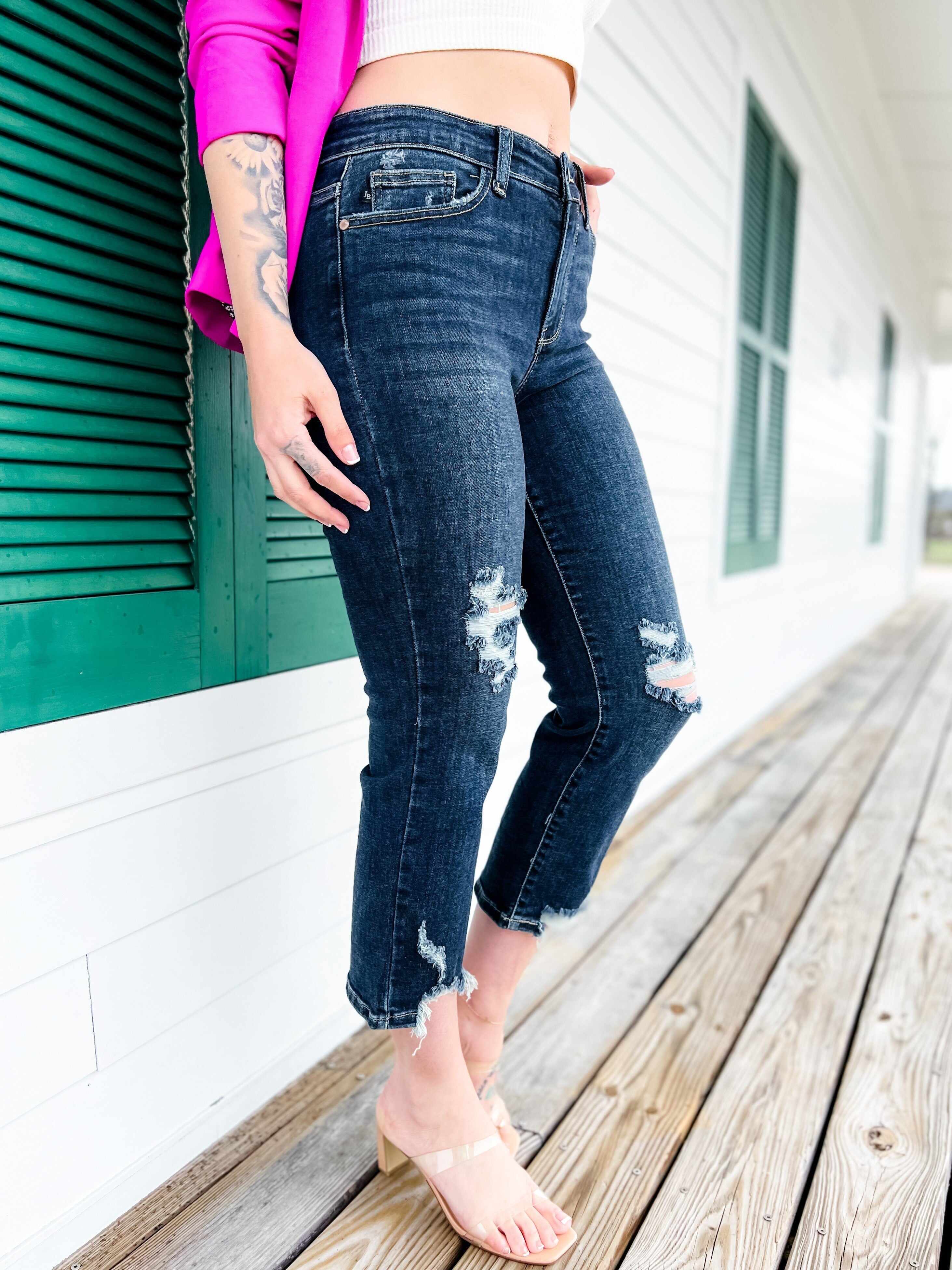 🔥Hot Sales🔥 After Hours Dark Wash Destroyed Hem Cropped Straight Leg Jeans