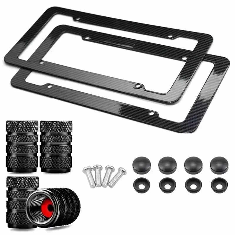 Carbon Fiber License Plate Frame + 4 Valve Stem Caps