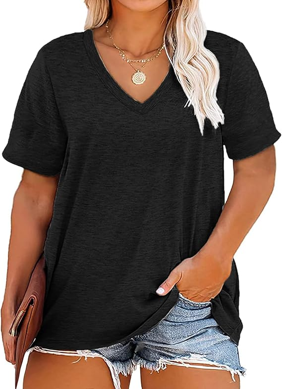 🔥Plus size v neck t shirt women short sleeve tops casual summer