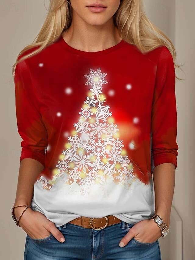 Women's Christmas Sweatshirt Long Sleeve Ombre Holiday Tree Snowflake Print Casual Red White Winter Cozy Festive Pullover Top