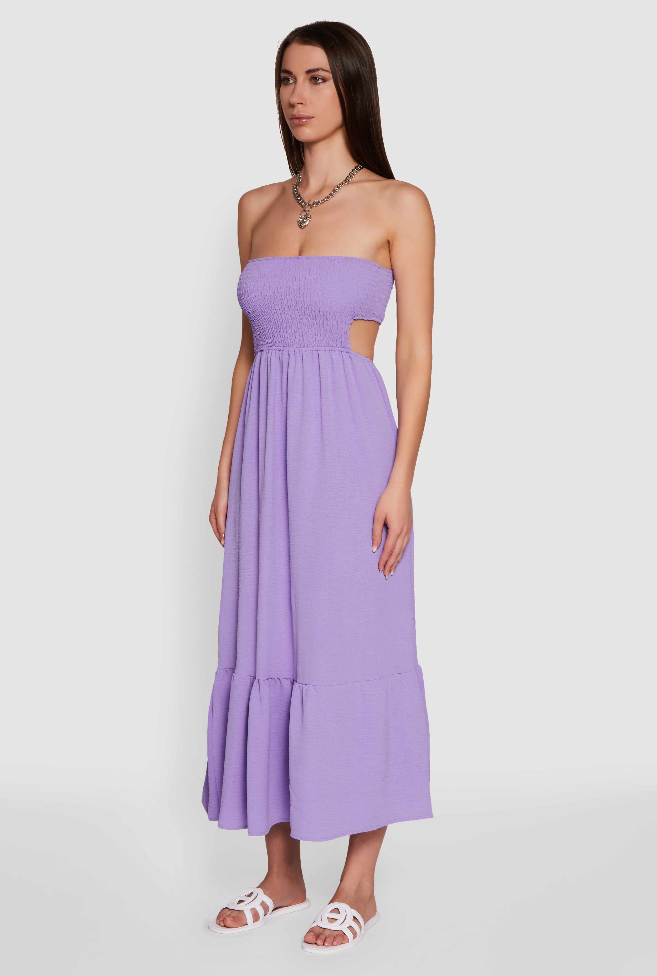 Trendy Smocked Strapless Keyhole Detail Tiered Dress