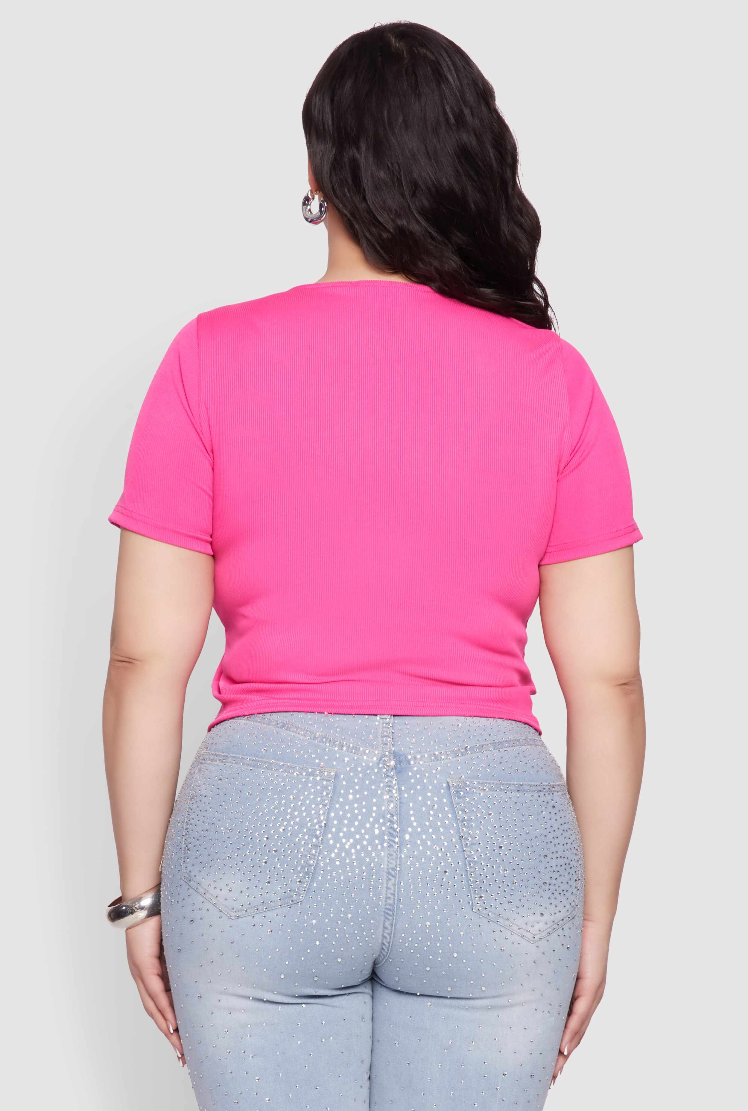 Plus Size Rhinestone Lace Up Short Sleeve Top