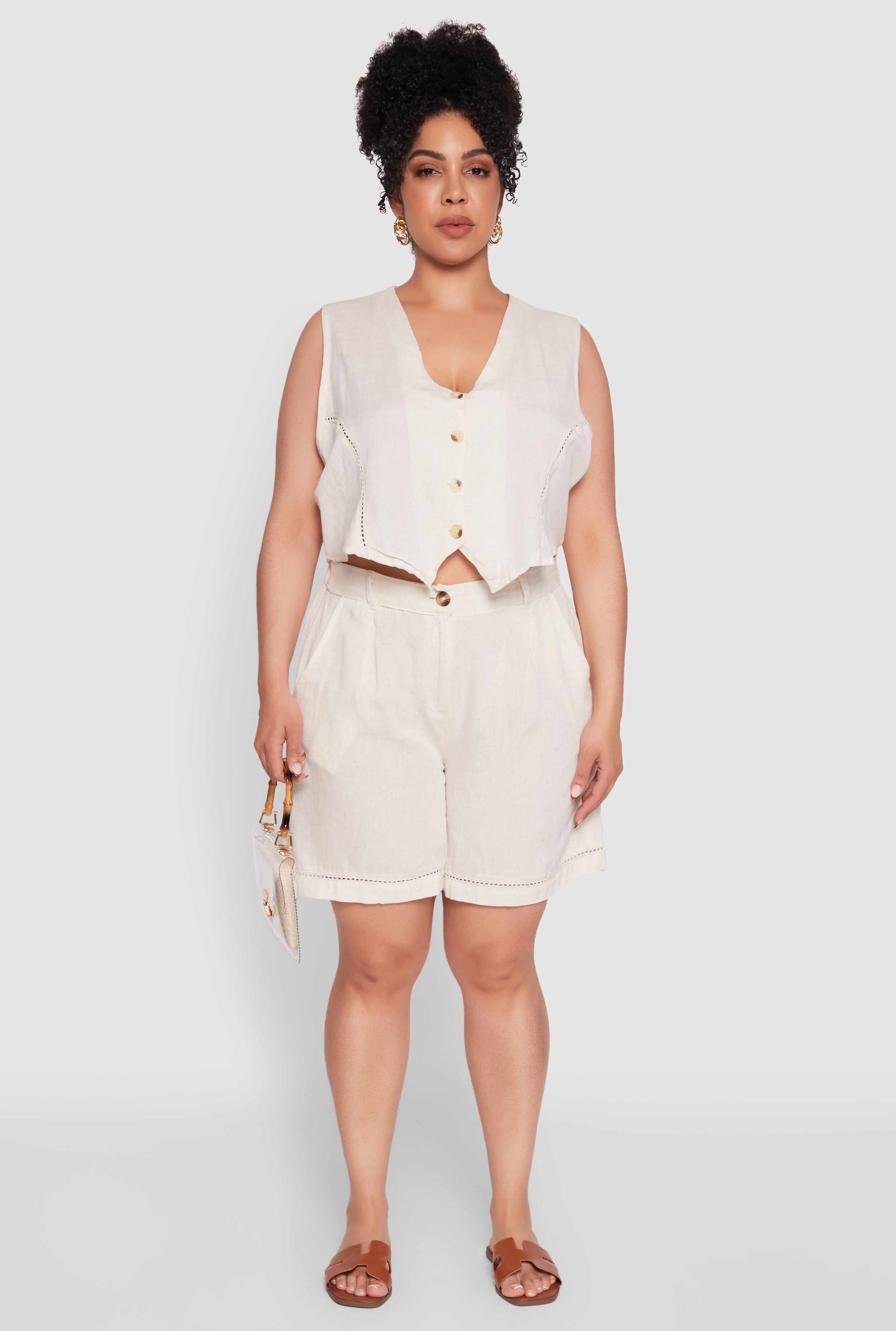 Plus Size Trendy Linen Crochet Detail Cropped Vest