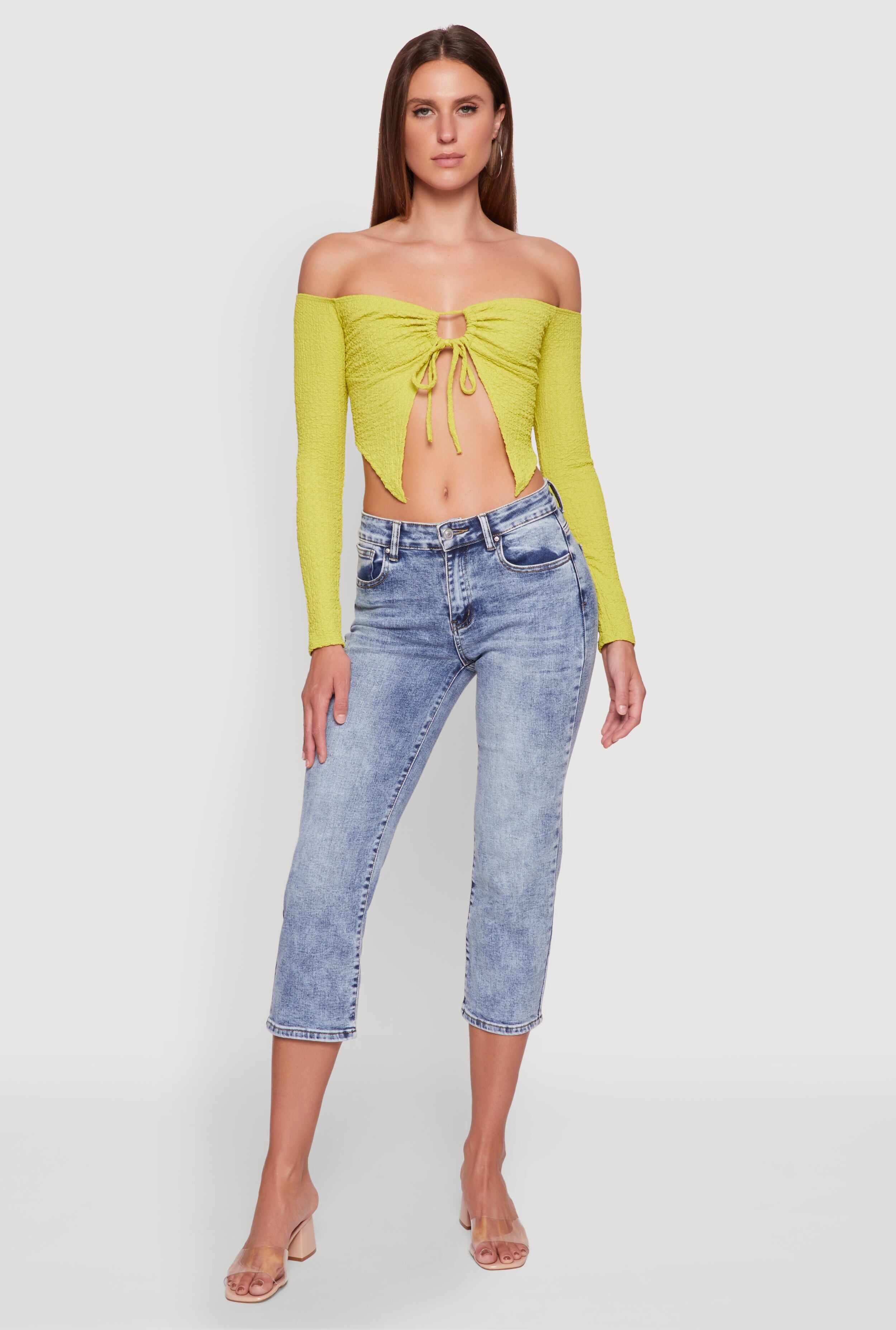 Trendy Off Shoulder Textured Knit Tie Front Crop Top