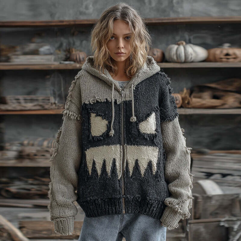 Halloween Pumpkin Face Patchwork Art Cozy Knit Hooded Cardigan