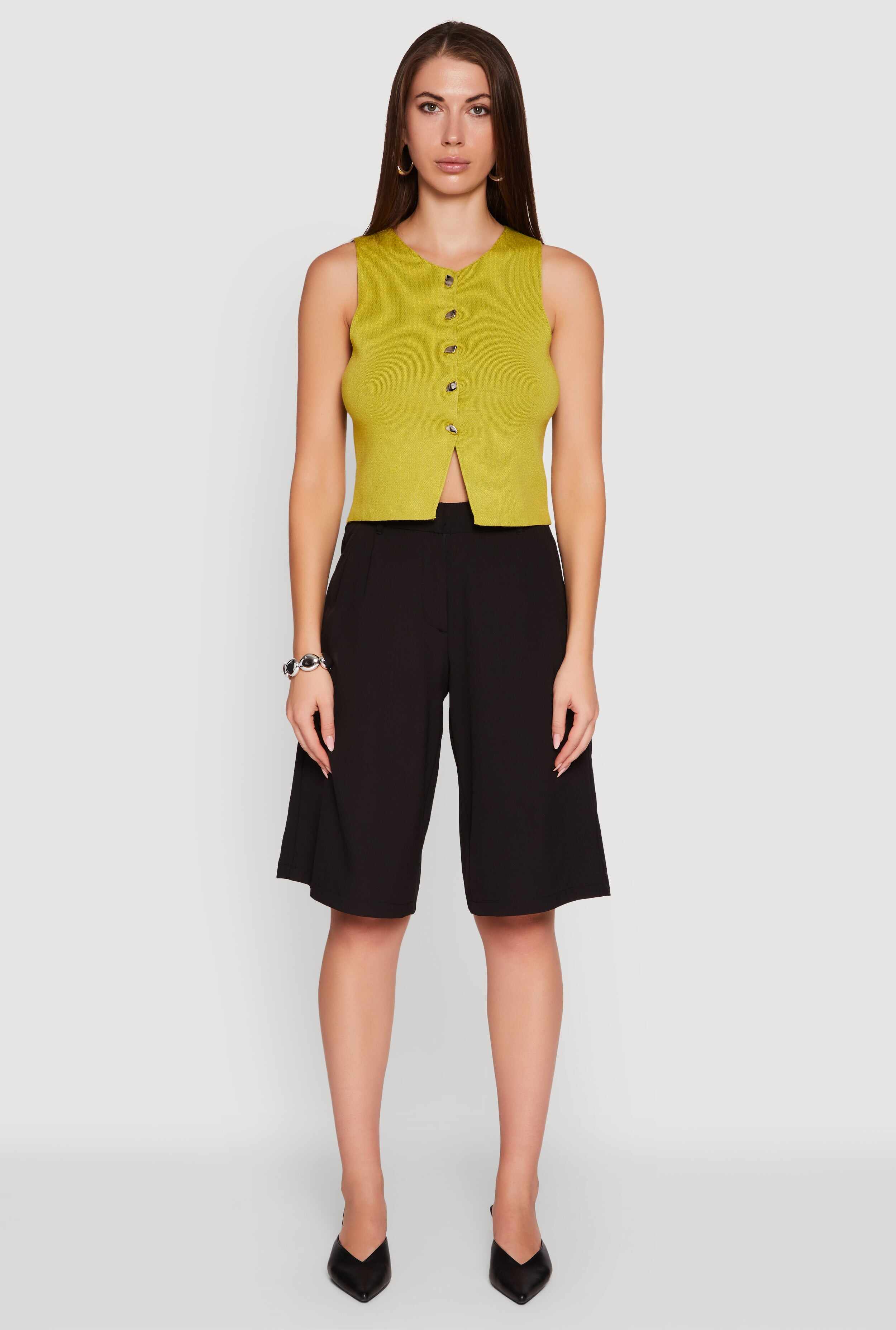 Metallic Button Front Sleeveless Sweater Vest