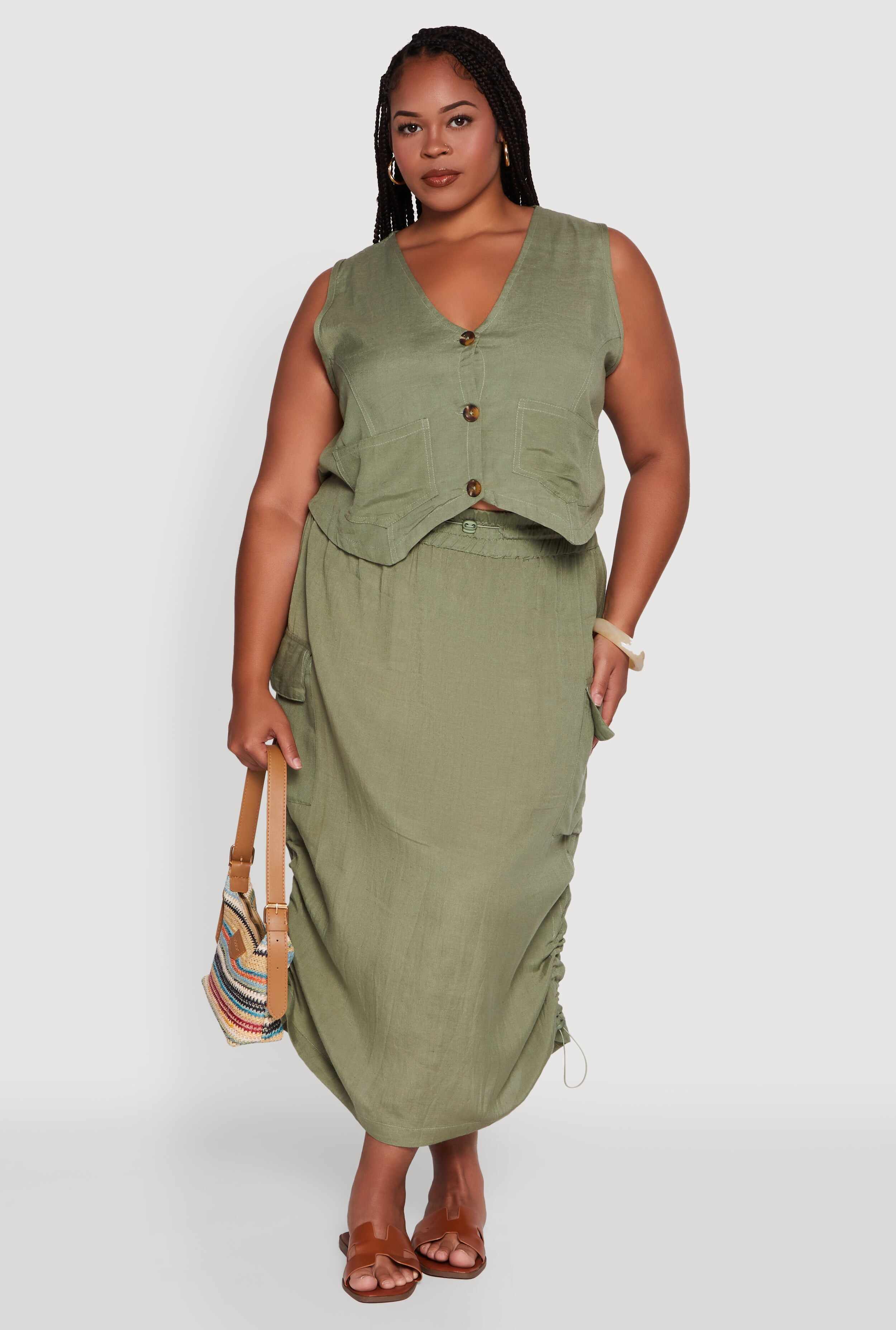 Plus Size High Waisted Toggle Drawstring Hem Linen Skirt with Ruching