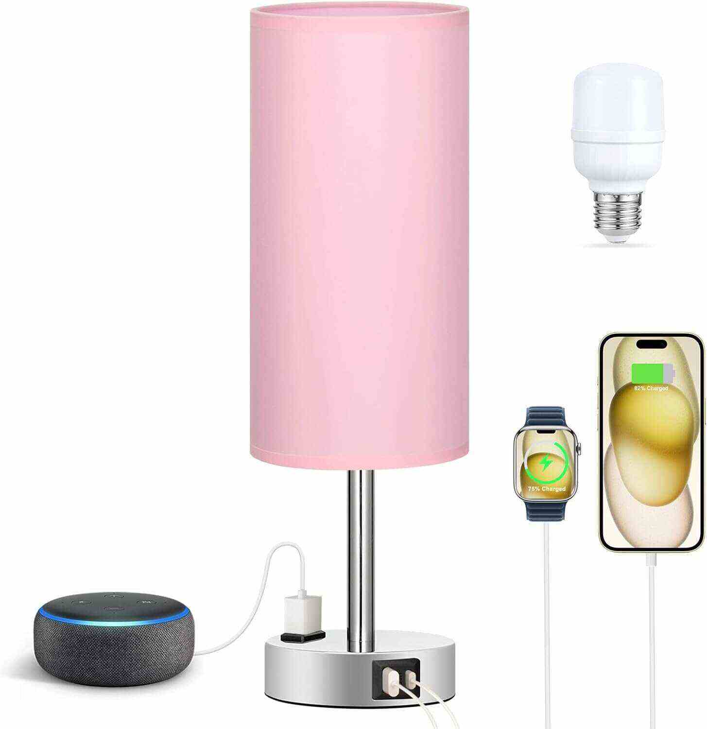 Bedside Table Lamp for Bedroom - 3 Way Dimmable Touch Lamp USB C Charging Ports and AC Outlet, Small Lamp Wood Base Round Flaxen Fabric Shade for Living Room, Desk, LED Bulb Included