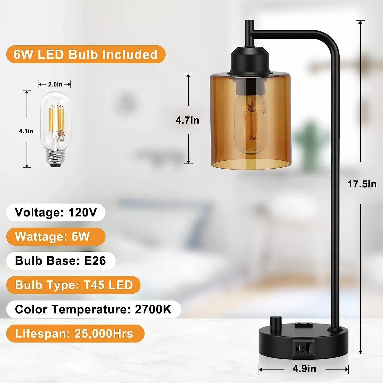 Industrial Bedside Table Lamp for Bedroom - Nightstand Lamps with USB C Charging Port, Fully Dimmable Black Lamps with USB Ports and Outlets, Small Desk Lamp with Glass Shade for Office Living Room