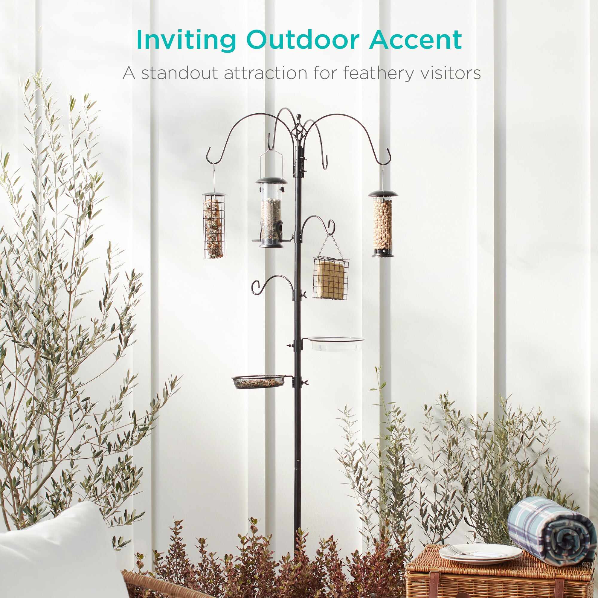 Bird Feeding Station, 6-Hook Steel Multi-Feeder Stand w/ 4 Feeders - 89in