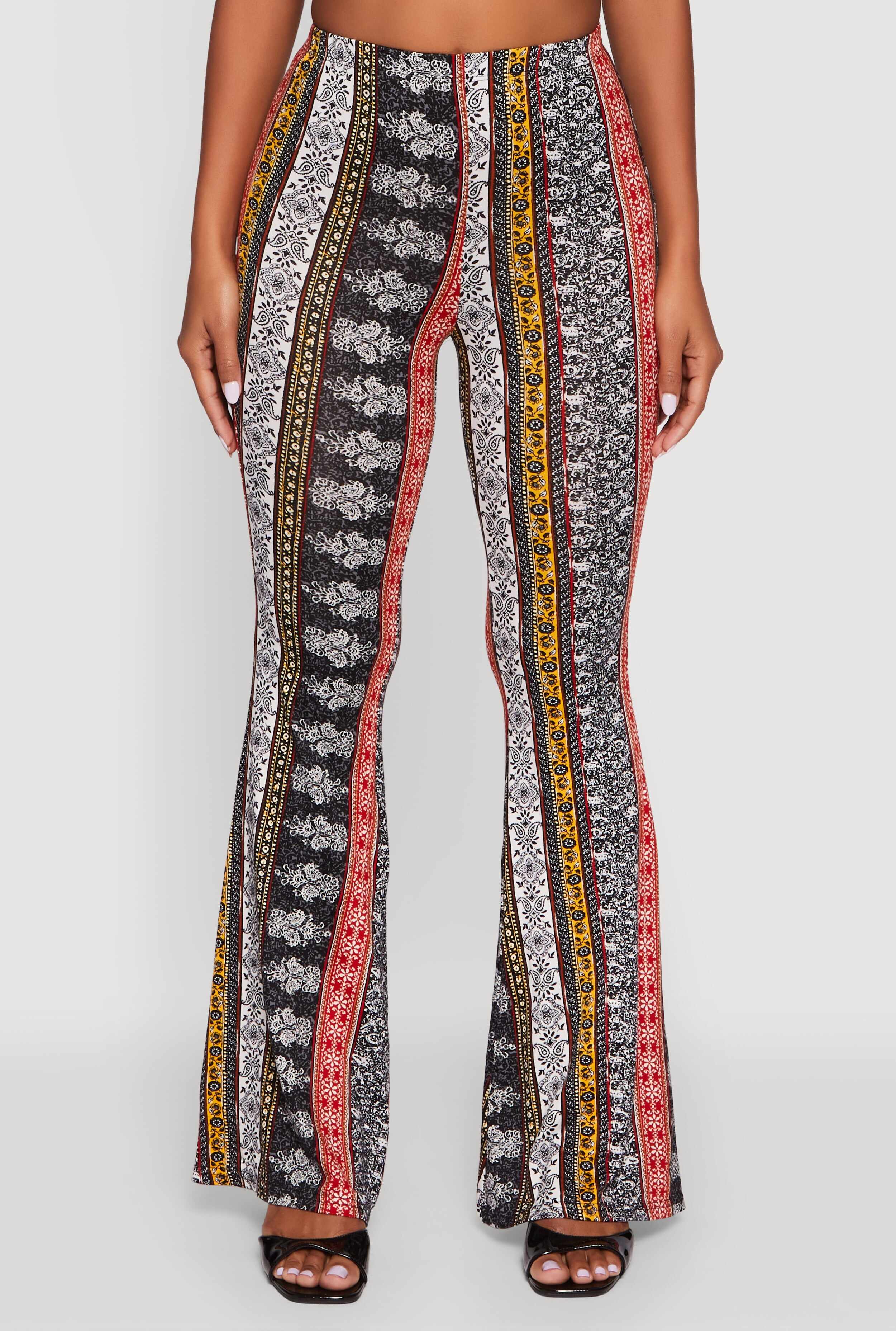 Boho Border Print High Waisted Flare Leg Pants