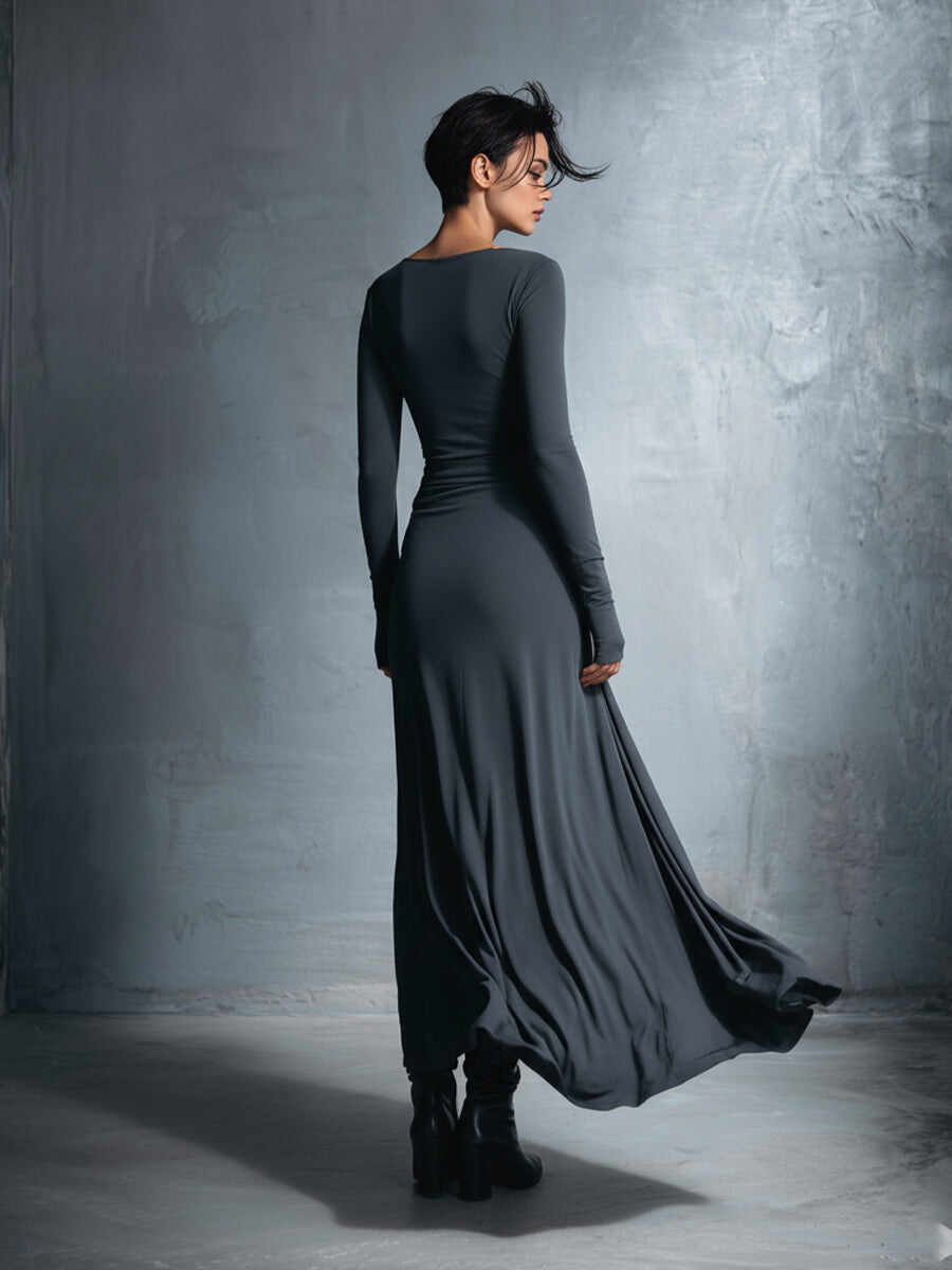 Women's Gray Exquisite Stretch Polyester-Cotton Blend Wrap Dress - Knotted Maxi Dress