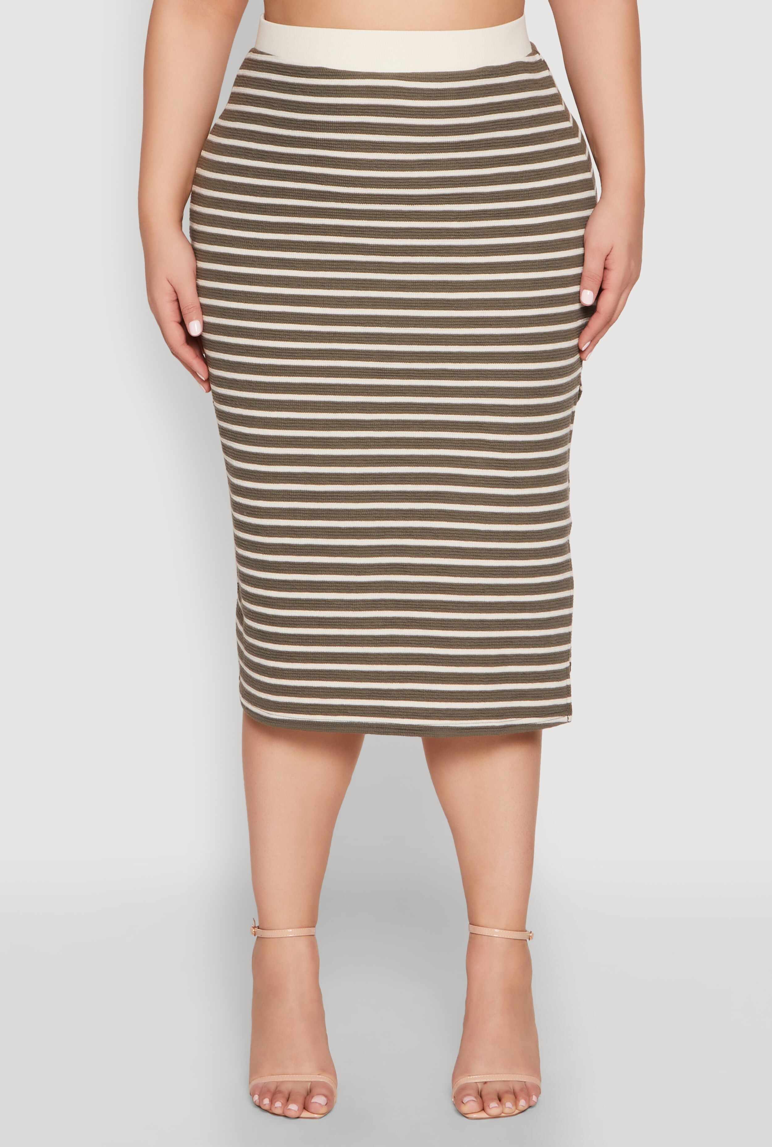 Plus Size Textured Knit Striped Midi Skirt