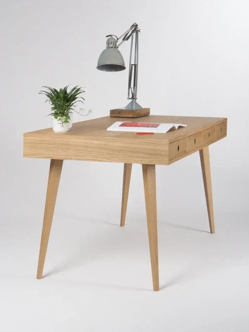 Home office desk, large computer table, oak wood, bureau with drawers, customized size and finish;Send 2 stool(pictured)